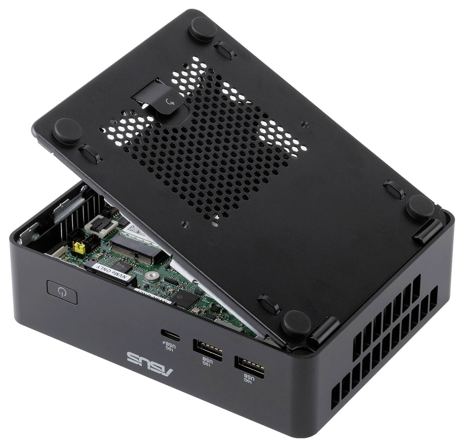 Ein Mini-Computer mit teilweise geöffnetem Deckel, der die interne Platine und Komponenten zeigt. Das Gerät hat mehrere USB-Anschlüsse.