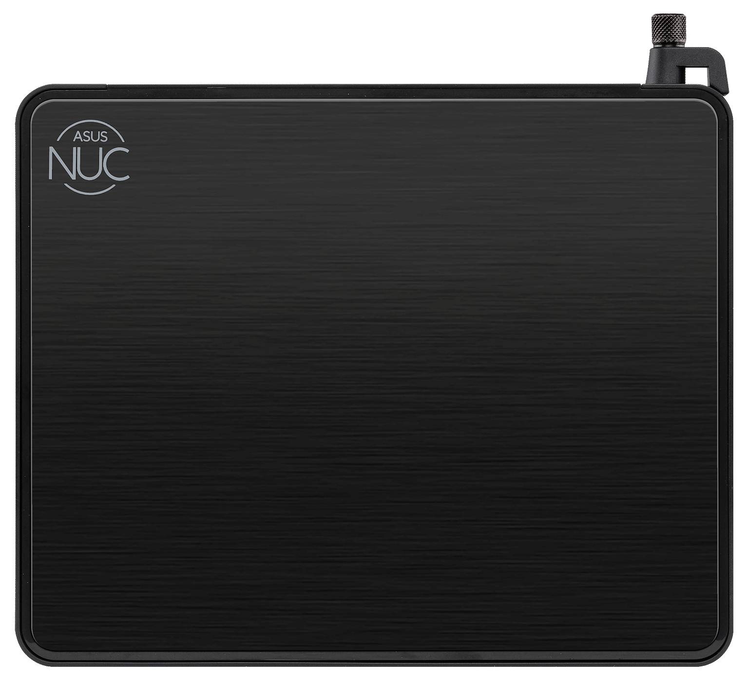 Ein kompakter ASUS NUC Mini-PC mit eleganter, schwarzer Oberfläche von oben betrachtet, der minimales Design und eine kleine Antenne in der Ecke aufweist.