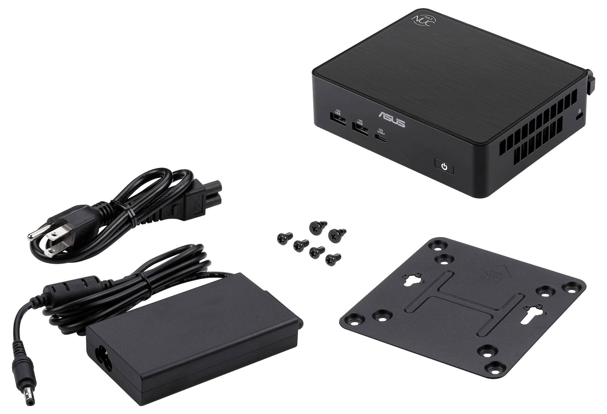 Mini-PC mit Stromkabel, Adapter, Montageklammer und Schrauben angezeigt. Geeignet für kompakte Datenverarbeitung und Konnektivitätslösungen.