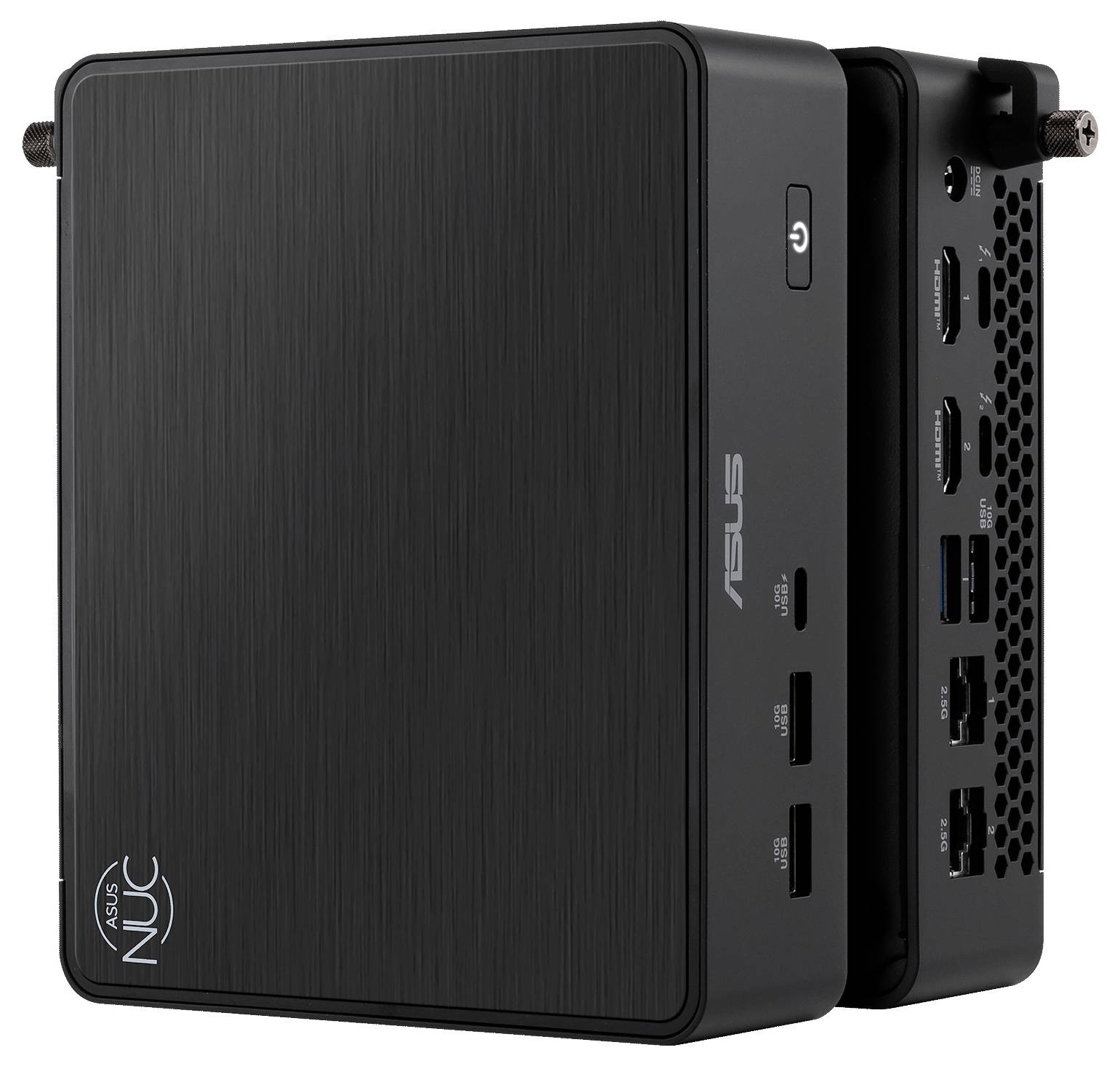 Ein kompakter, schwarzer Asus NUC Mini-PC mit Vorder- und Seitenansicht. Die Vorderseite zeigt einen Stromknopf und USB-Anschlüsse, während die Seite zusätzliche Anschlüsse, einschließlich HDMI und USB, aufweist.