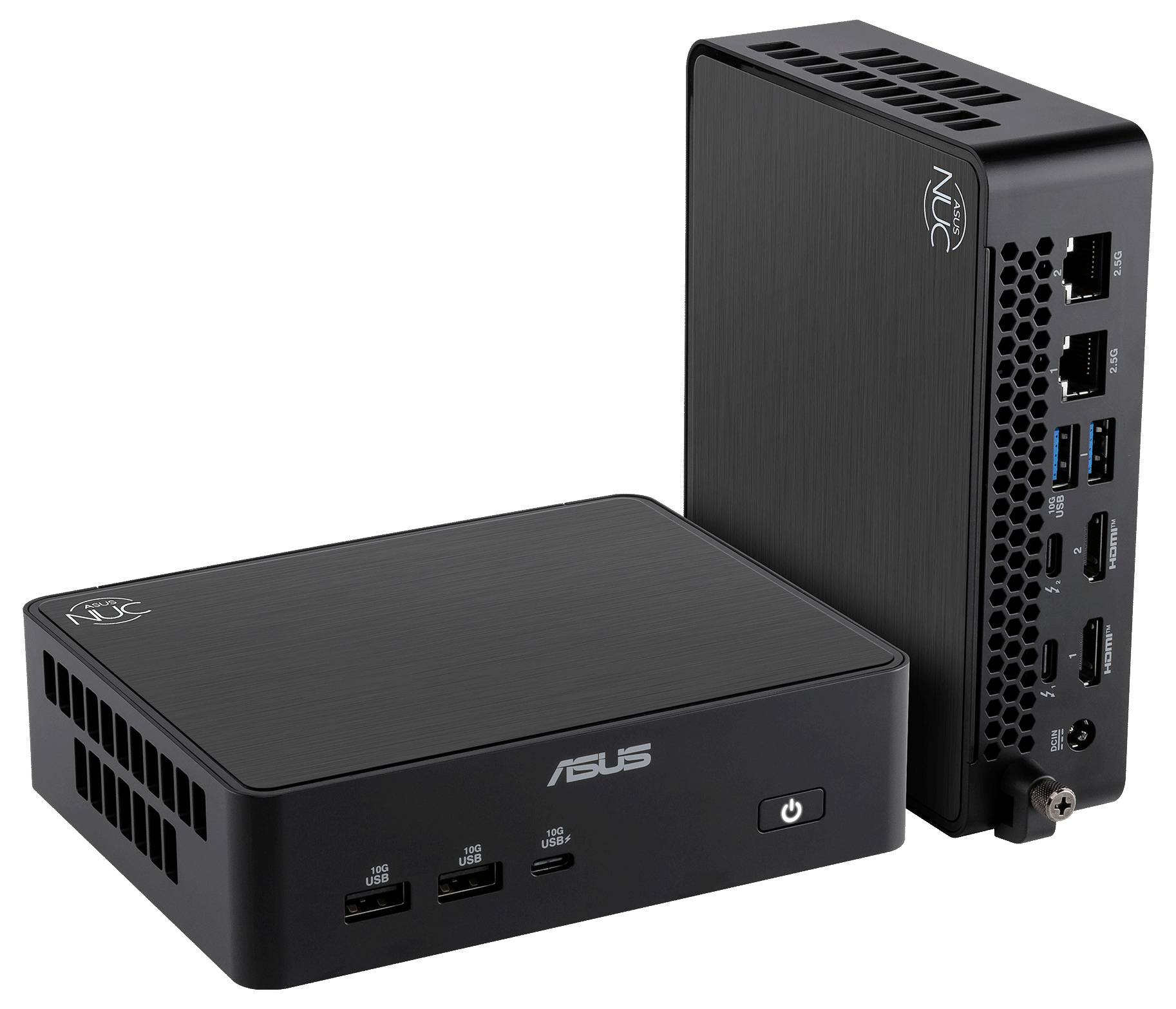Das Bild zeigt die Rückseite eines kompakten Desktopcomputers, der vertikal aufgestellt ist und mehrere USB-Anschlüsse, HDMI-Anschlüsse und einen Ethernet-Anschluss aufweist.