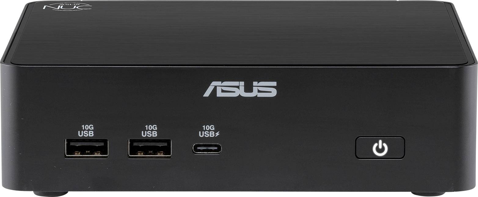 Ein kleiner schwarzer ASUS Mini-PC mit einer Stromschalttaste und verschiedenen USB-Anschlüssen auf der Frontplatte.