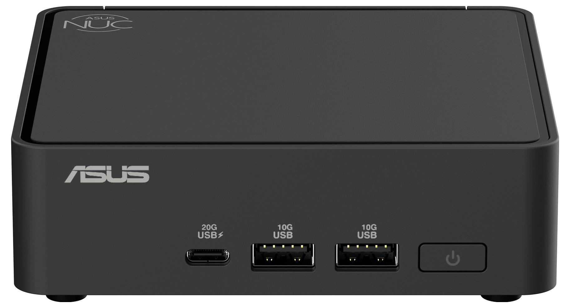 Vorderansicht eines ASUS NUC Mini-PCs mit zwei 10G-USB-Anschlüssen, einem 20G-USB-C-Anschluss und einem Stromschalter auf der Frontblende.