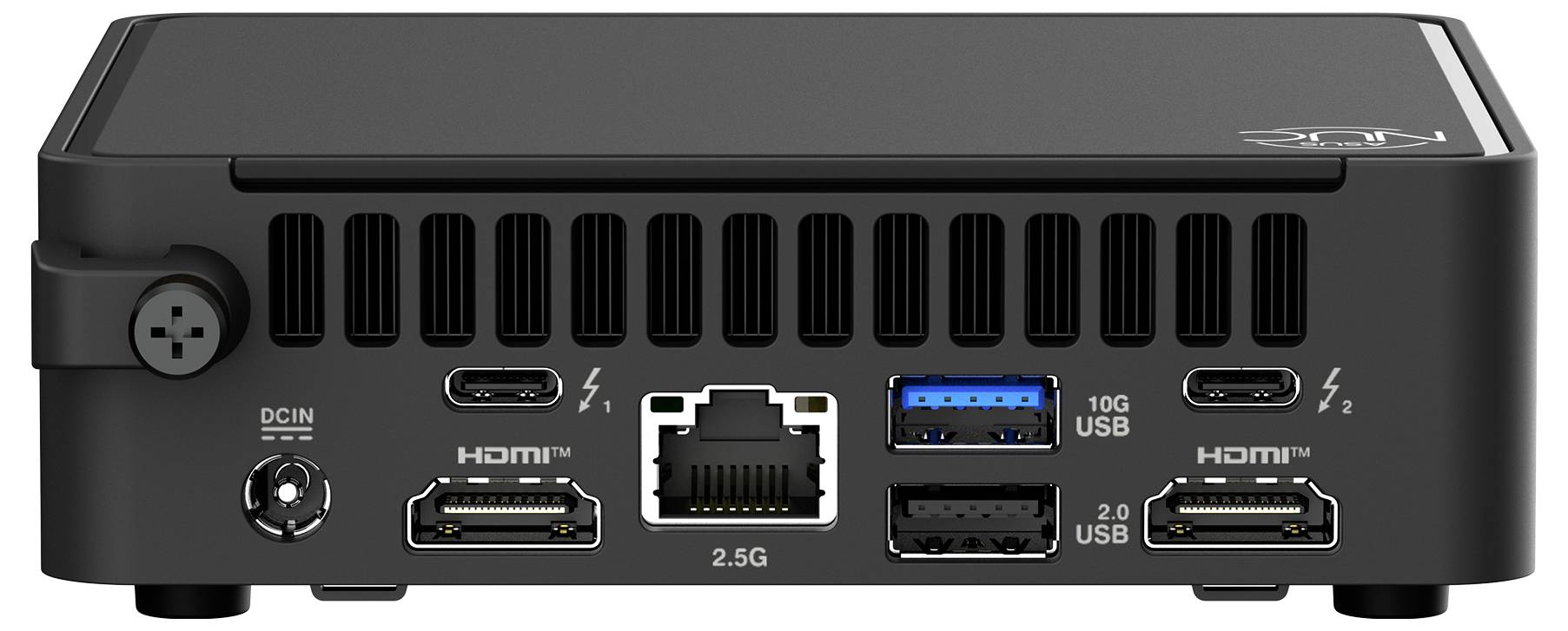 Rückansicht eines Mini-PCs mit folgenden Anschlüssen: DC-Eingang, zwei HDMI-Ausgänge, 2,5G-Ethernet, 10G-USB, USB-A und ein weiterer HDMI-Anschluss.
