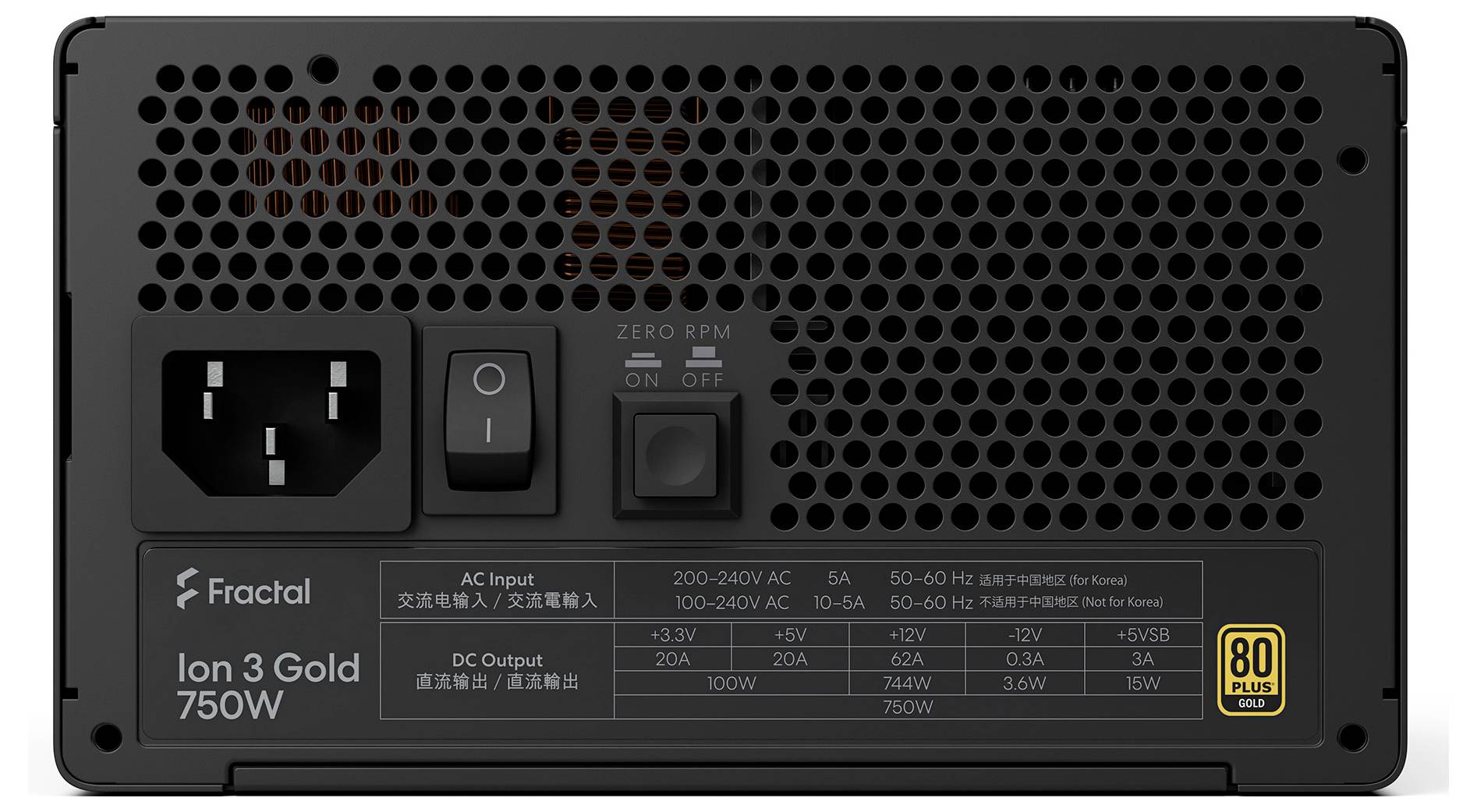 Rückseite eines Fractal Ion 3 Gold 750W-Netzteils mit AC-Eingang, Schalter, Lüftungsgitter und Etikett für modulare Ausgänge.