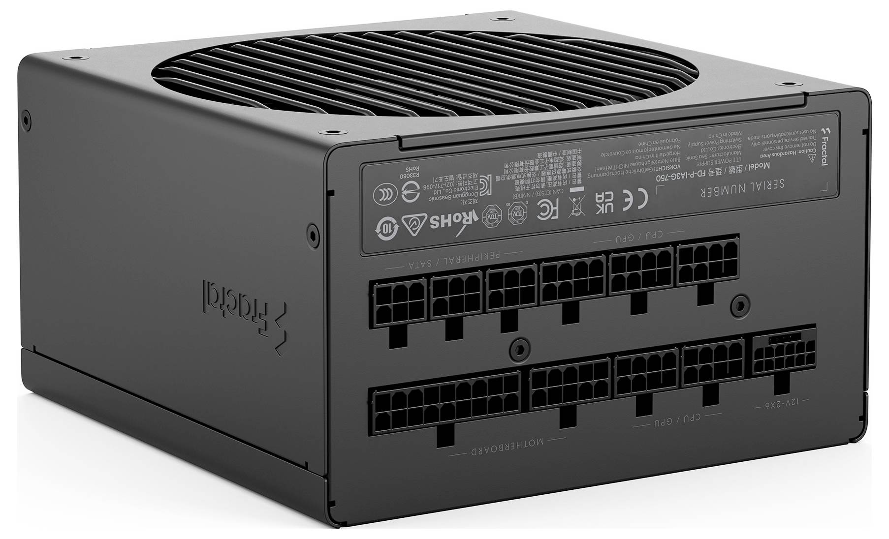 Schwarzes modulares Stromversorgungsgerät für Computer mit großem Lüftergitter oben und mehreren Kabelanschlussanschlüssen auf der Rückseite.