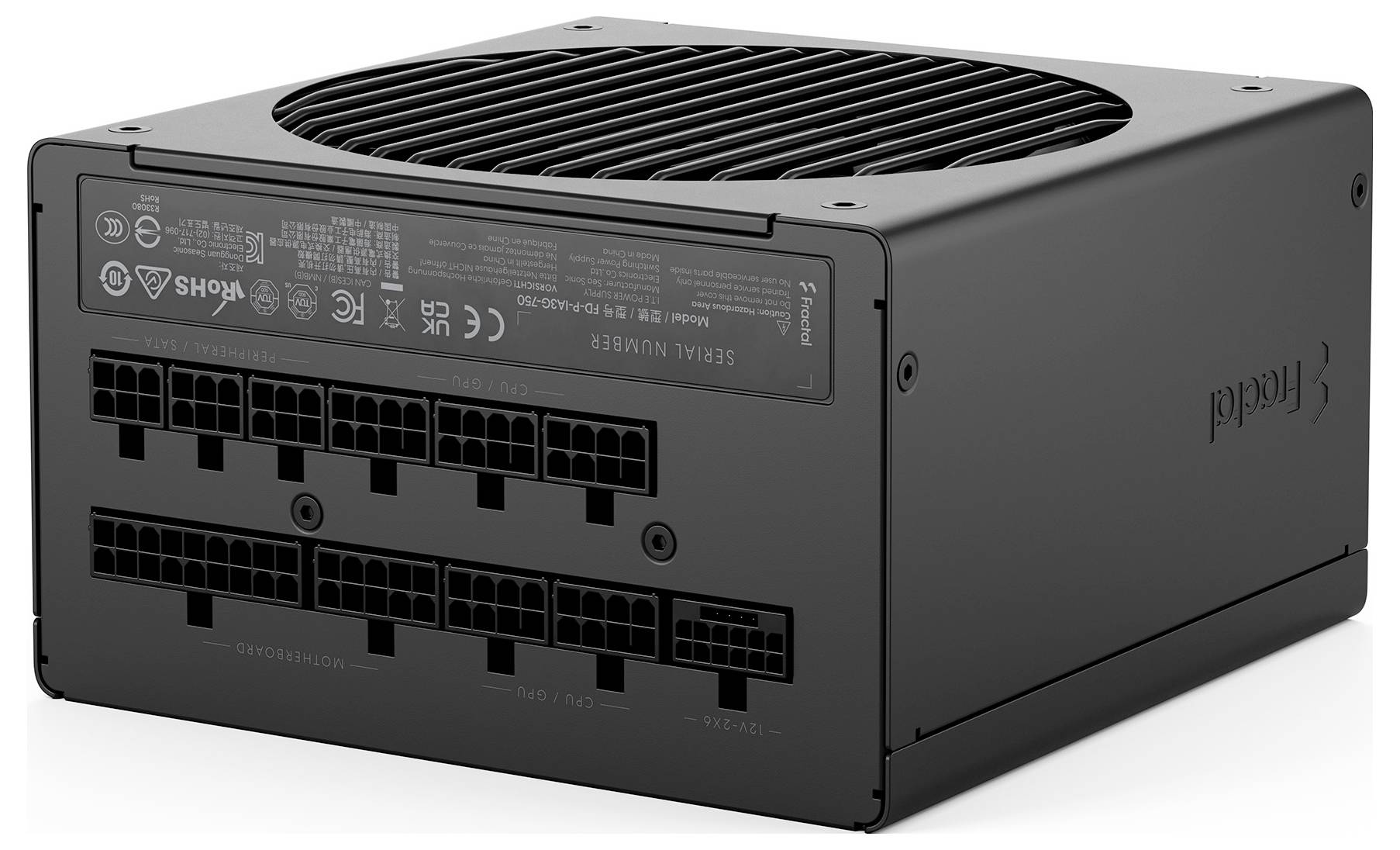 Schwarzes rechteckiges Computernetzteil mit Kühlerlüftungsgitter auf der Oberseite und modularen Kabelanschlüssen auf der Frontplatte.