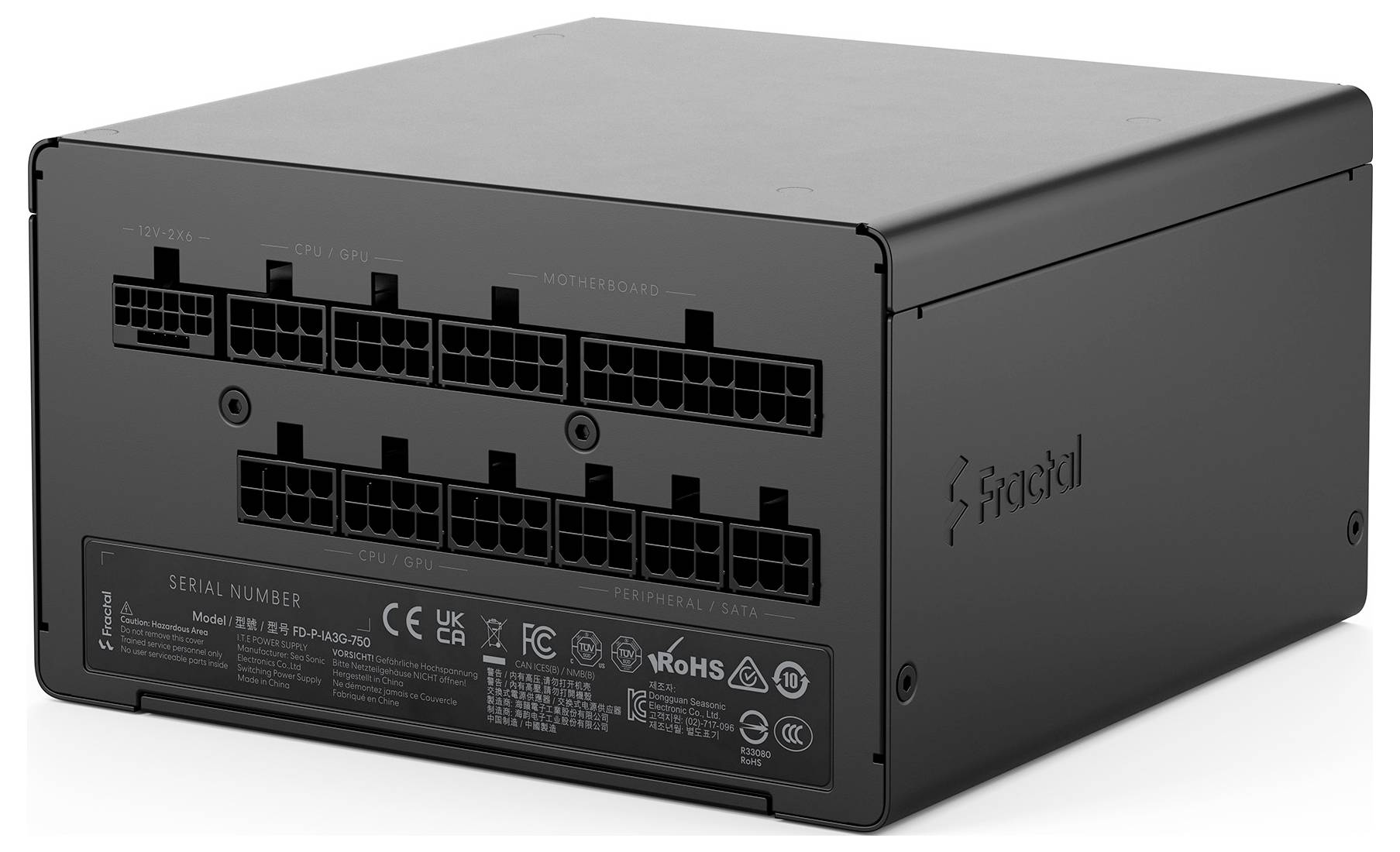 Schwarzes Metall-Server-Stromversorgungsgerät mit mehreren Anschlussanschlüssen auf der Vorderseite und einem Produktetikett auf der Seite.
