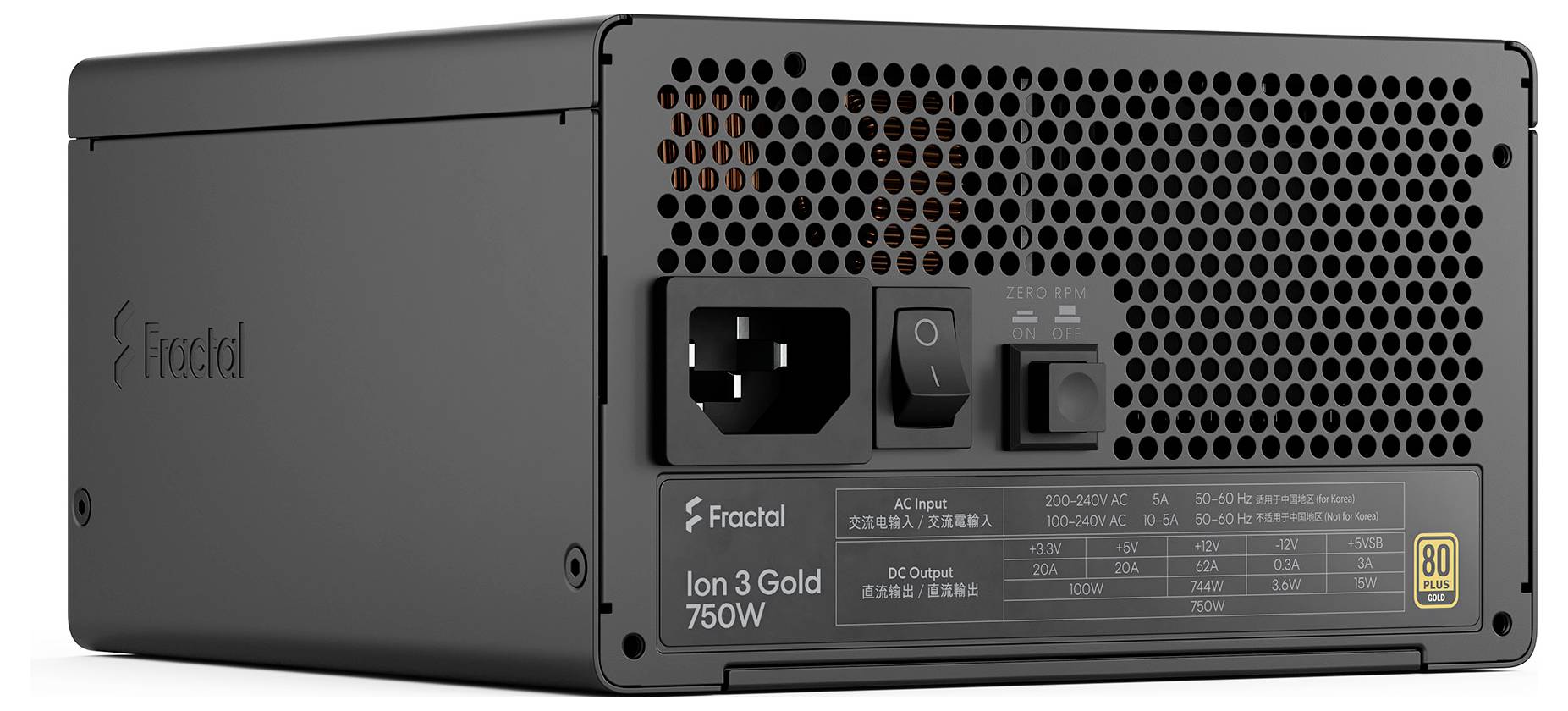 Fractal Ion 3 Gold 750W Computernetzteil, Rückansicht mit AC-Eingang, Ein-/Ausschalter und Lüftungsgitter.