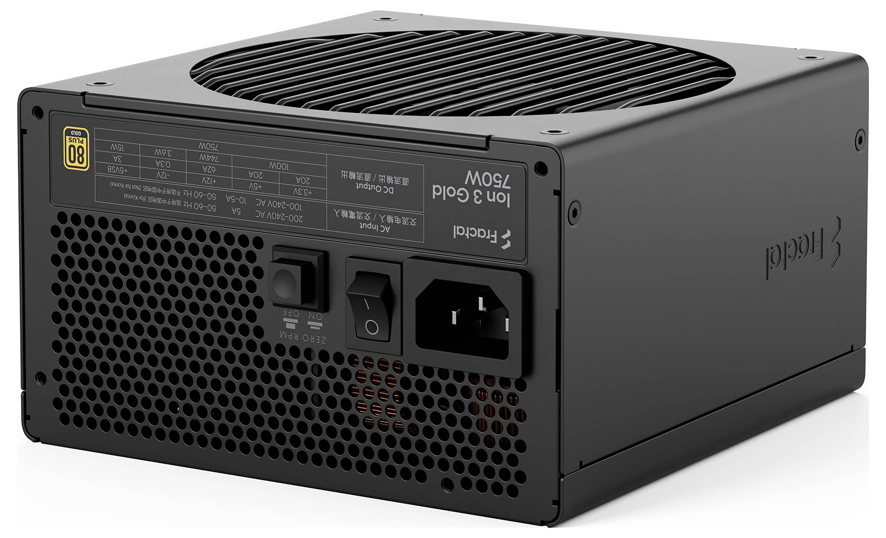 Schwarzes modulares Stromversorgungsgerät mit Lüftergitter, Netzschalter und Stromstecker, dargestellt in einer Studio-Produktansicht auf weißem Hintergrund.