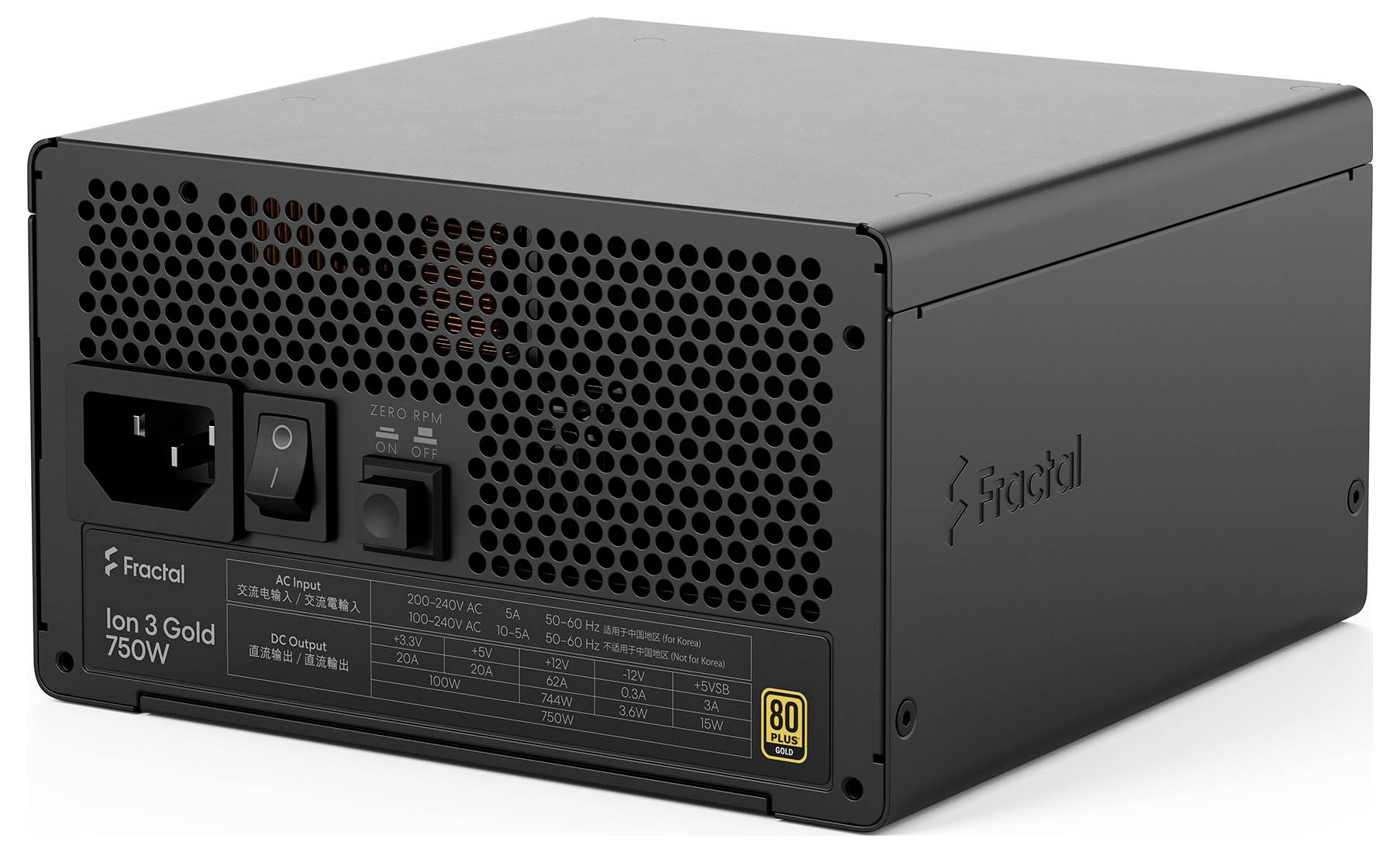 Schwarzes Fractal Ion 3 Gold 750W Computer-Netzteil mit vorderer Kühlgitter, Netzschalter und Zertifizierungsetikett.