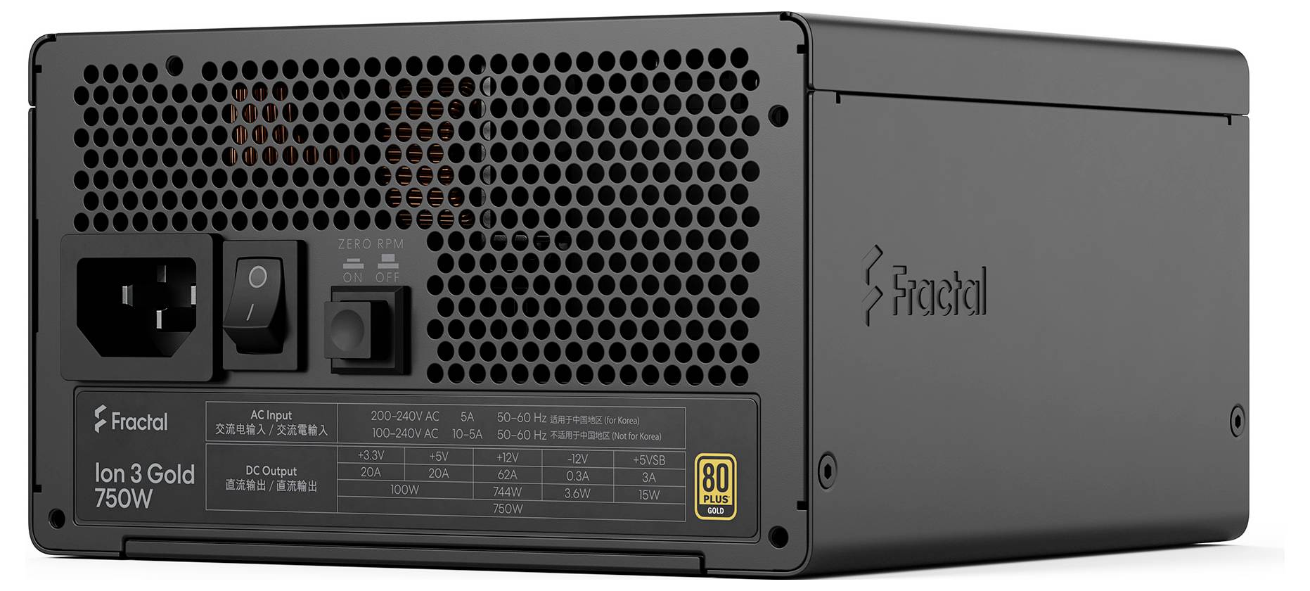 Rückansicht eines Fractal Ion S3 Gold 750W Netzteils mit AC-Eingang, Netzschalter, Lüftergitter und seitlichem Logo.