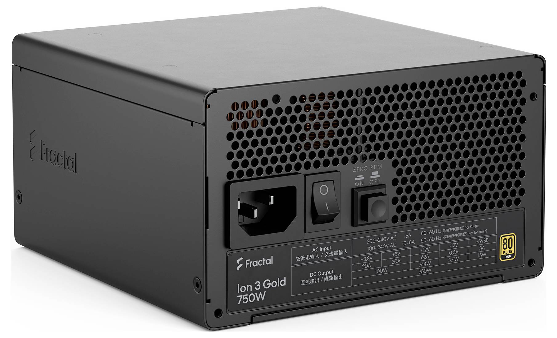 Schwarze Fractal Ion 3 Gold 750W Computernetzteile mit hinterem Stromschalter, Wechselstromsockel, Lüftergitter und Effizienzlabel.