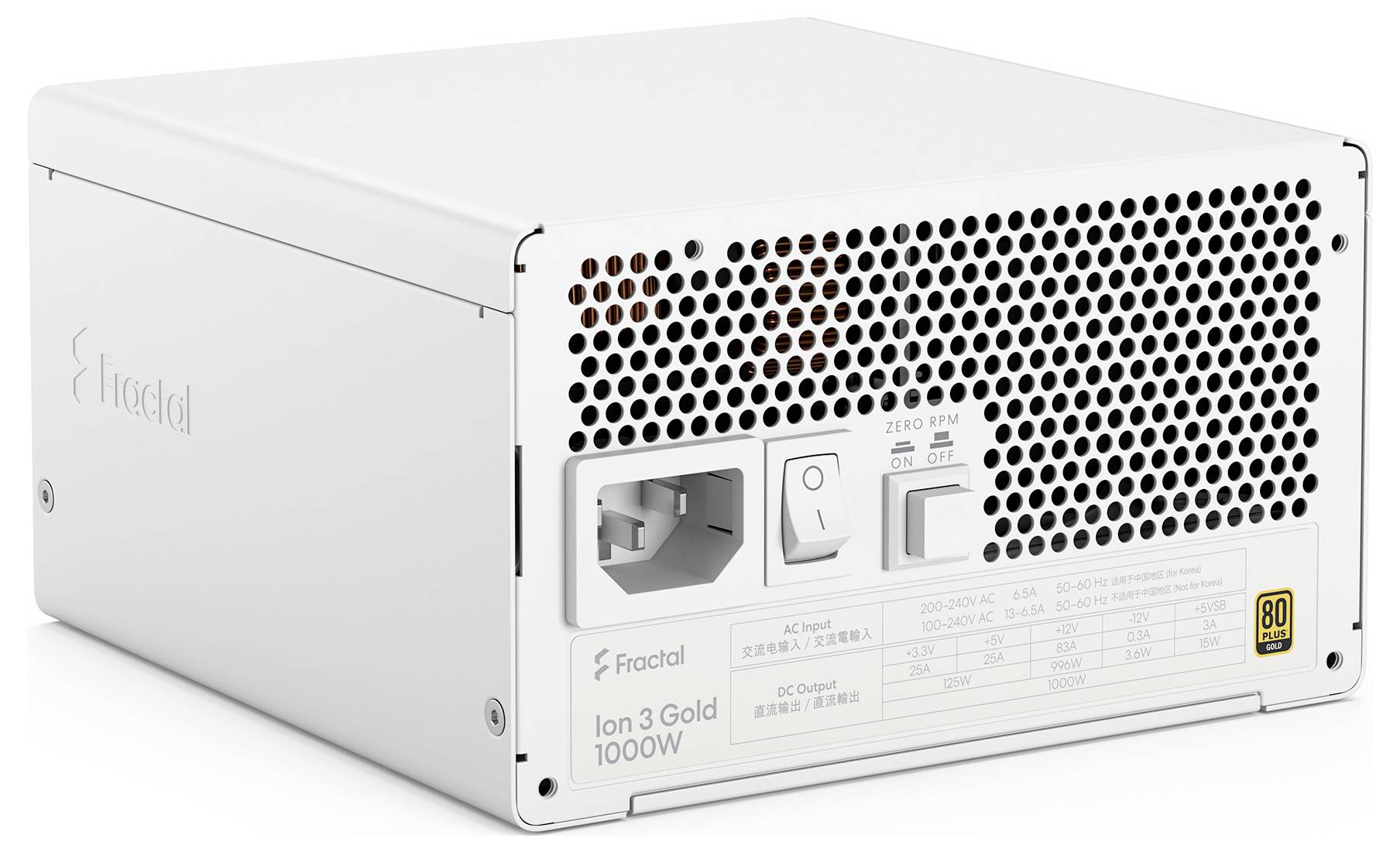 Weiße Fractal Ion 3 Gold 1000W Stromversorgungseinheit mit Lüfter, Stromeingang und prominent angezeigtem Spezifikationsetikett.