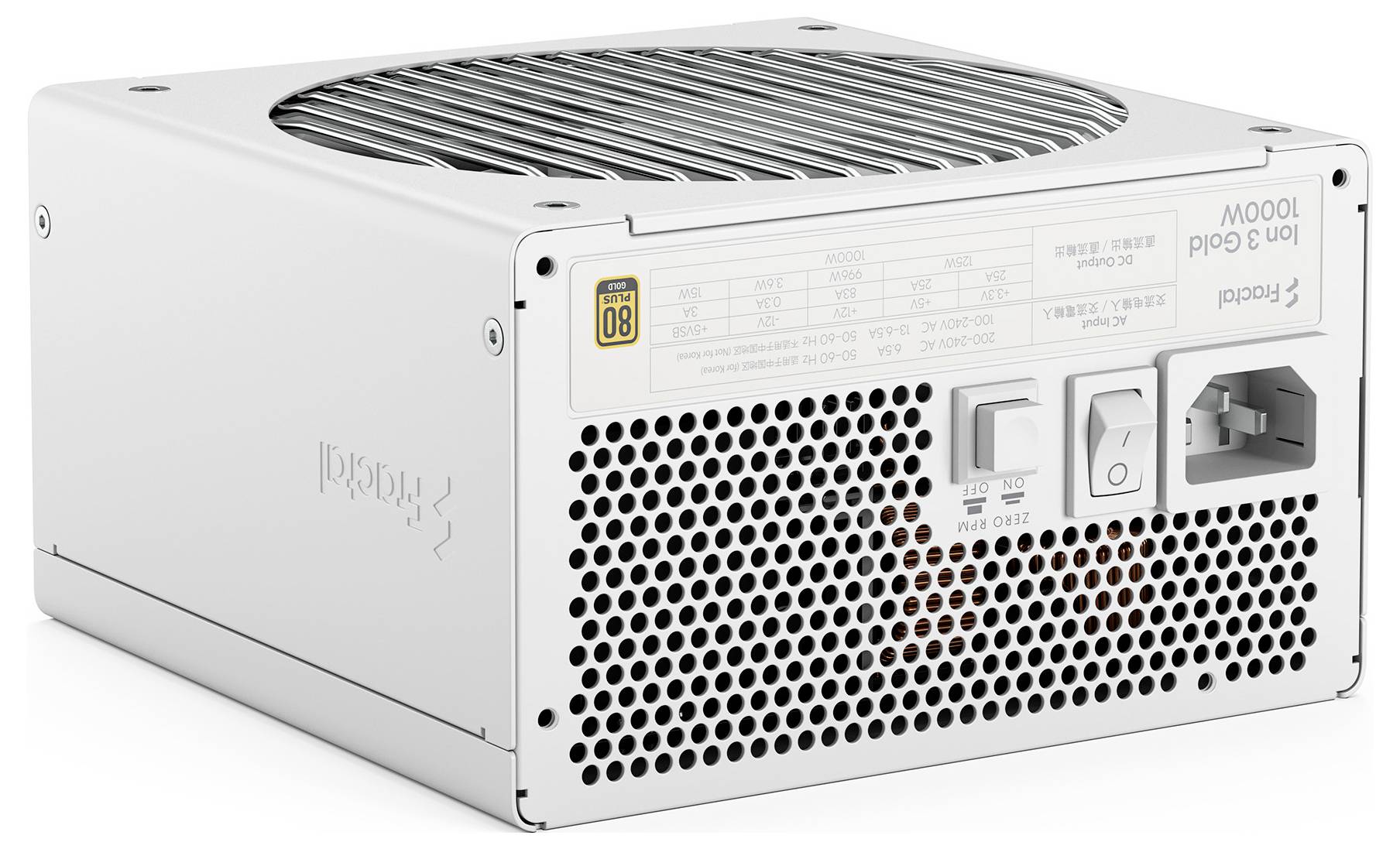 Seasonic-Stromversorgungseinheit, 1000W, mit einem Lüftergitter auf der Oberseite und gekennzeichnet als 80 Plus Gold für Effizienz. Weiße Gehäuseoberfläche mit Konnektivitätsanschlüssen.