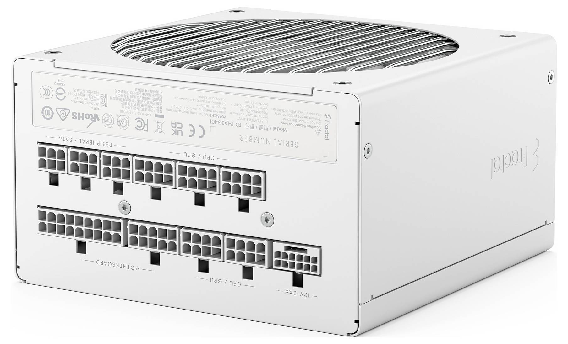Eine weiße Stromversorgungseinheit für Computer mit mehreren Anschlüssen an der Seite, die für Verbindungen von Computerhardware ausgelegt ist.