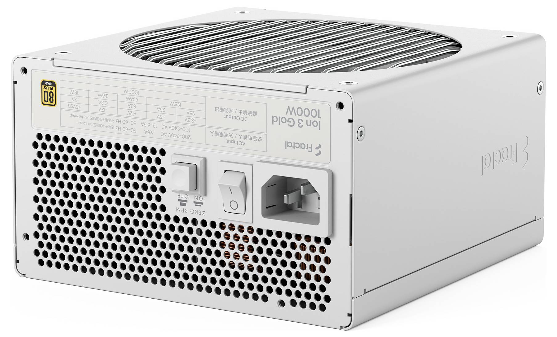 Ein Nahaufnahmebild einer weißen Desktop-Computer-Stromversorgungseinheit mit belüftetem Design. Es umfasst einen Schalter, eine AC-Eingabe und ein Etikett mit technischen Spezifikationen.