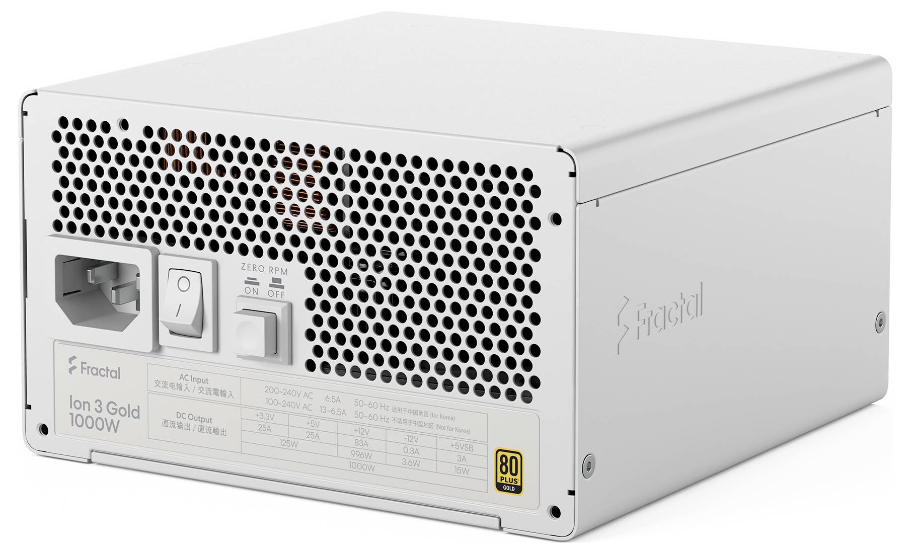 Ein weißes Fractal Ion 3 Gold 1000W Netzteil mit perforierter Seitenwand, Stromschalter und 80 Plus Gold Zertifizierungsetikett.