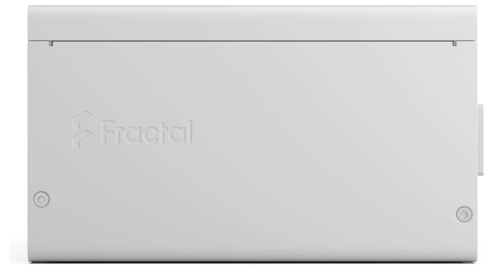 Seitenansicht eines minimalistischen weißen Computergehäuses mit Fractal-Markenlogo.