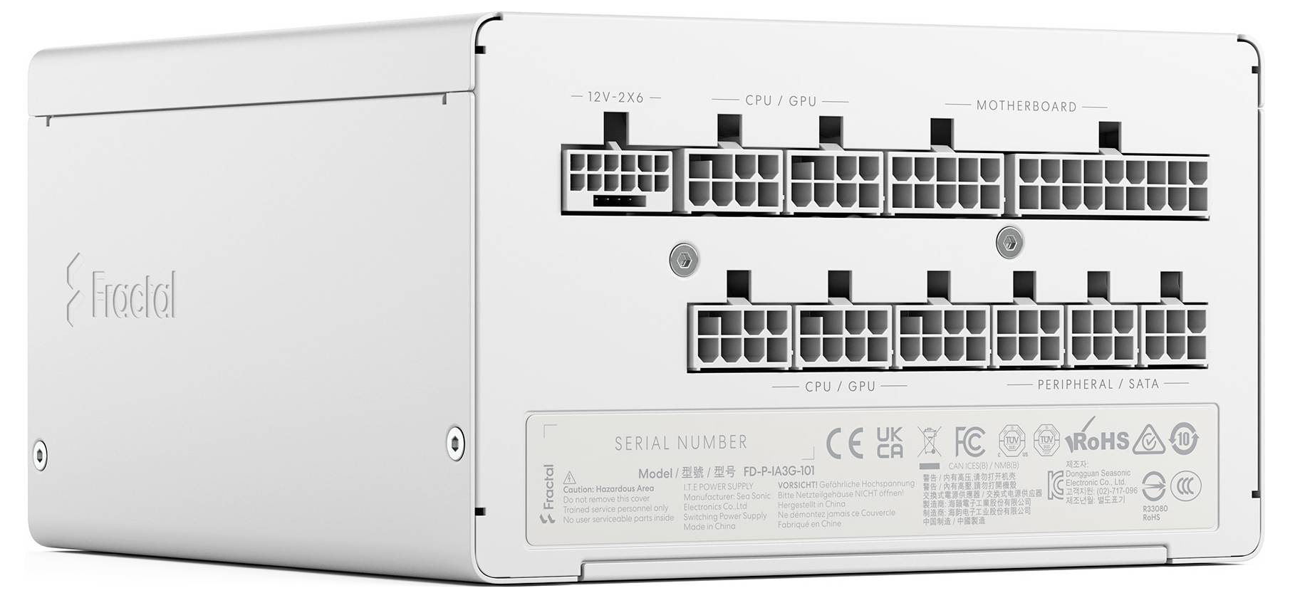 Vorderansicht einer modularen Stromversorgungseinheit mit mehreren beschrifteten Anschlüssen für CPU, GPU und Peripheriegeräte. Beschriftungen und Konformitätslogos sind sichtbar.