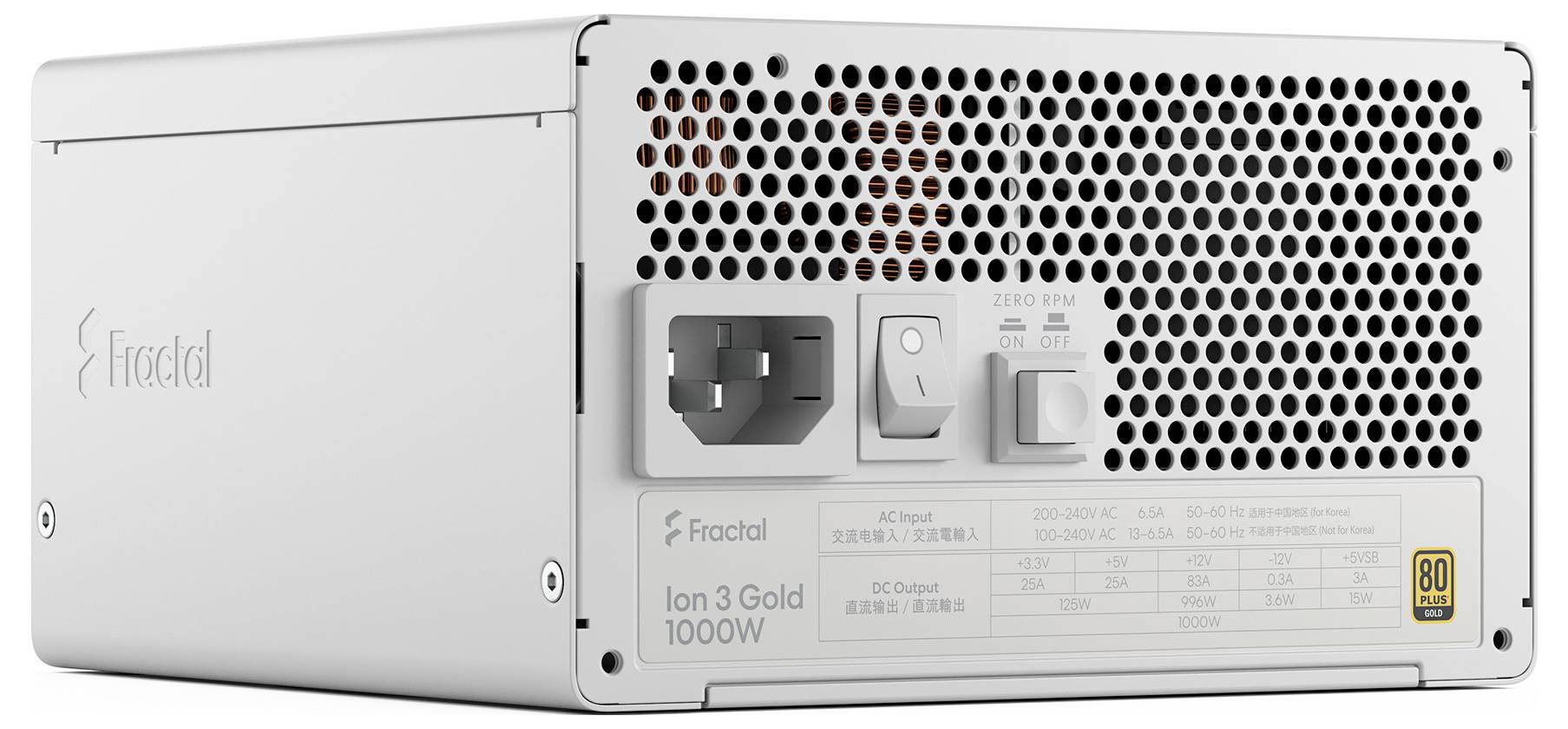 Weiße Stromversorgungseinheit mit der Bezeichnung „Fractal Ion 3 1000W