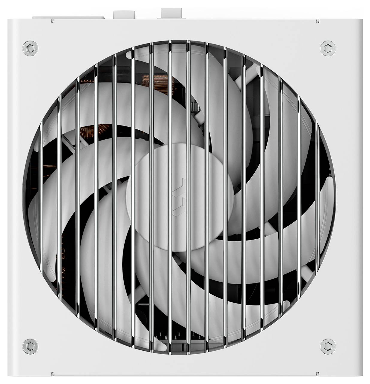 Ein weißes Computernetzteil mit einem großen Lüfter, der durch ein Metallgitter sichtbar ist, entworfen zur Kühlung der internen Komponenten.
