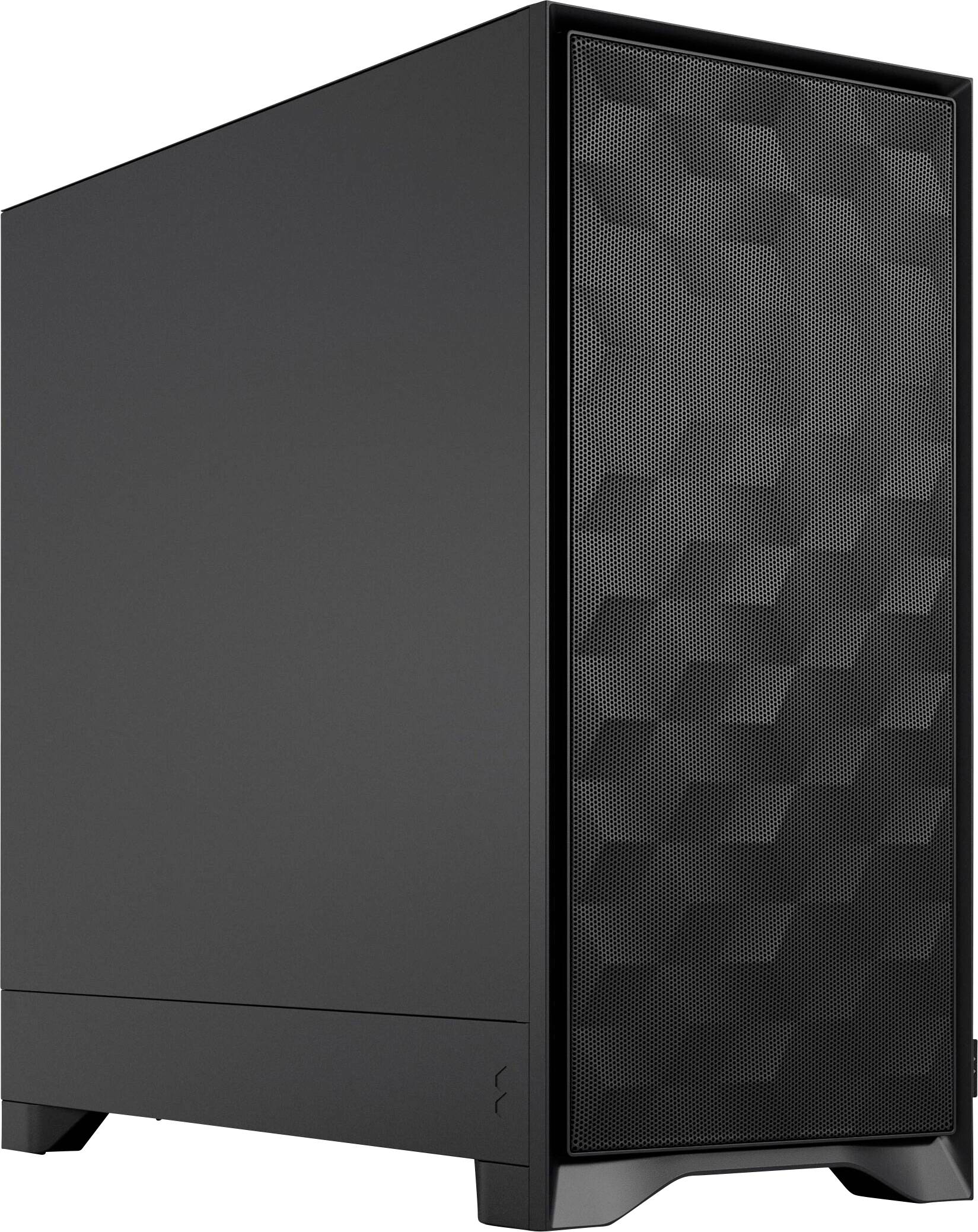 Ein schwarzer Computer-Tower mit strukturierter Frontblende, aufrecht auf grauem Hintergrund stehend. Das Design zeigt einen modernen, minimalistischen Stil.