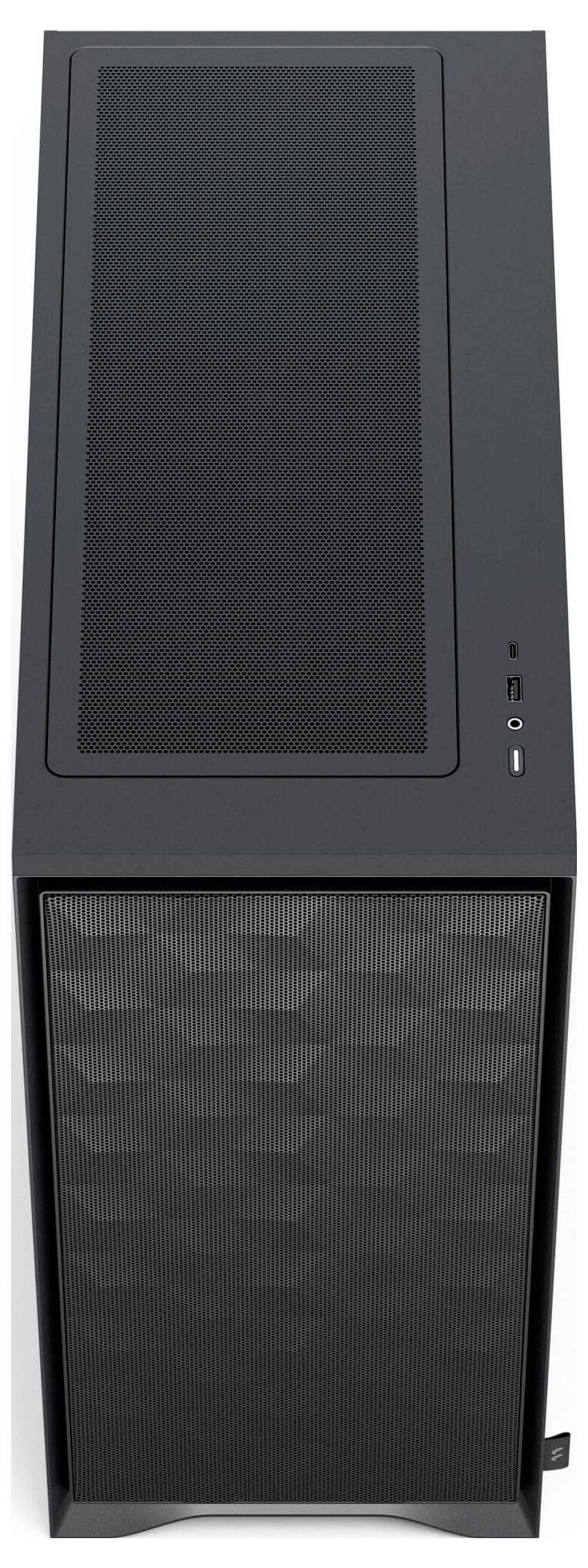 Ein schwarzer Computer-Gehäuse mit Mesh-Frontplatte und oberer Belüftungsöffnung, mit einem Power-Button und USB-Anschluss auf der Vorderseite.
