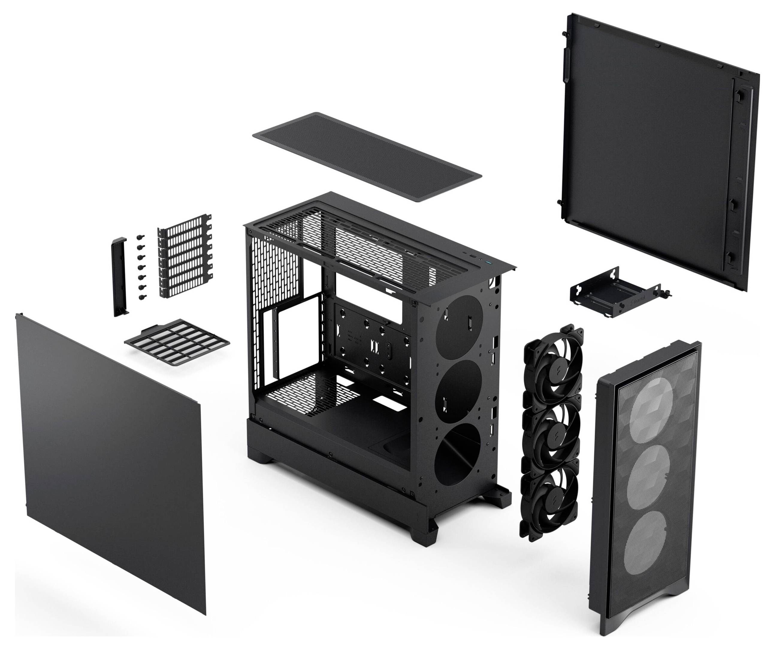 Explodierte Darstellung eines PC-Gehäuses mit separaten Teilen, einschließlich Panels, Lüftern und Gitter, die interne Komponenten und Struktur hervorheben.