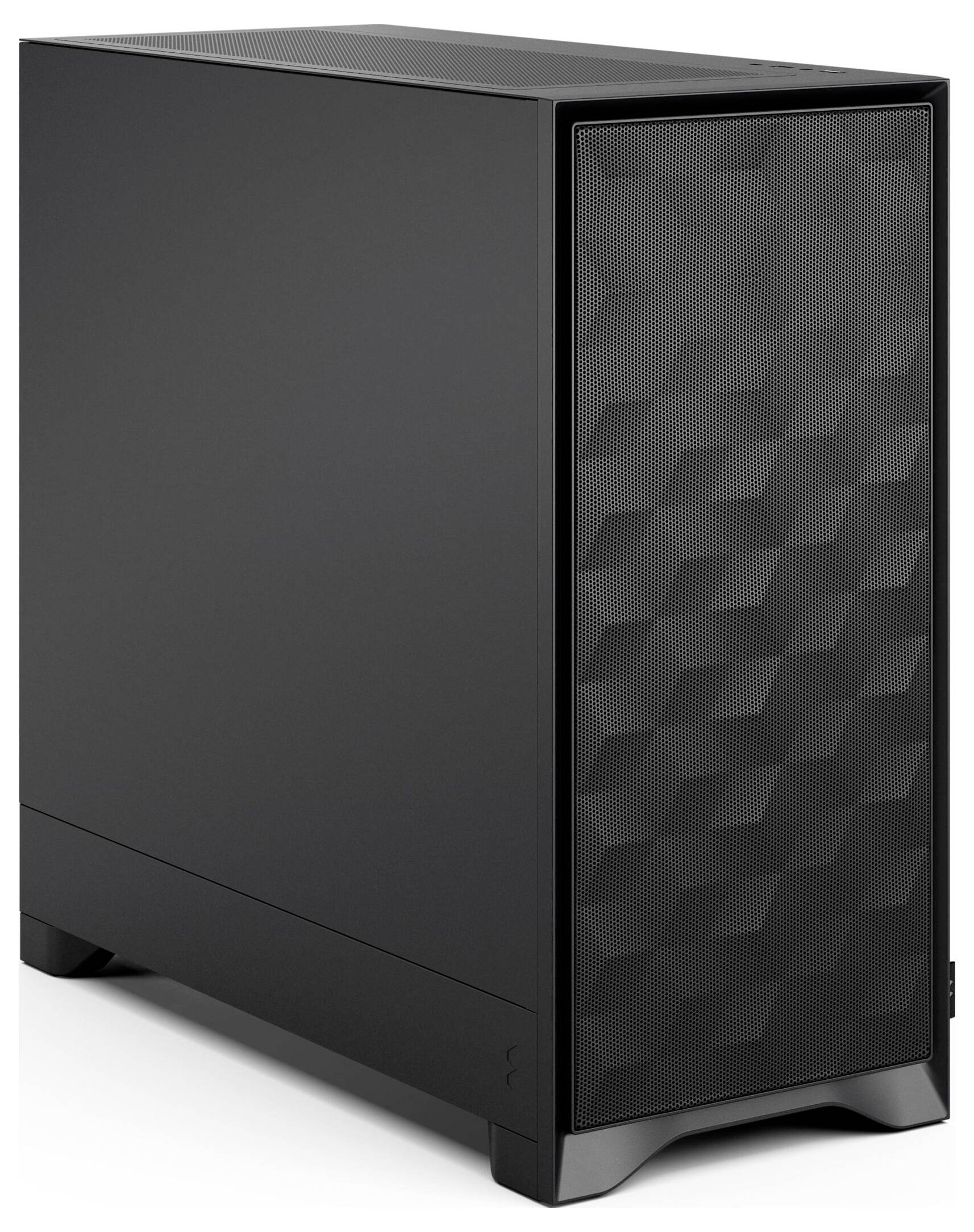Ein schwarzer Computerturm mit einer strukturierten Frontplatte steht auf weißem Hintergrund. Er hat ein minimalistisches Design ohne sichtbare Logos.