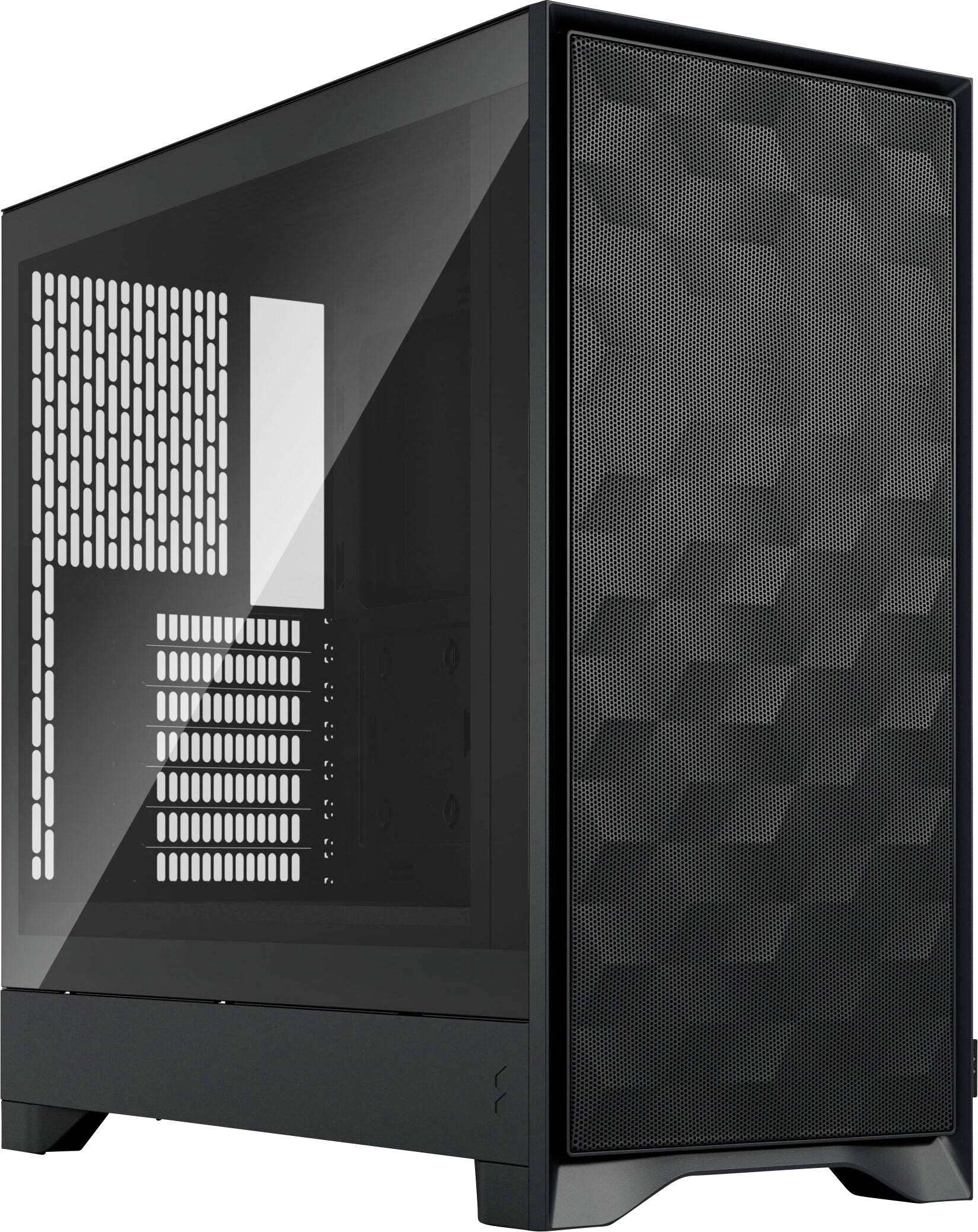 Ein schwarzes Computergehäuse mit einer Mesh-Frontplatte und einem transparenten Seitenpanel, das für effiziente Luftzirkulation und zur Zur-Schau-Stellung der inneren Komponenten konzipiert ist.