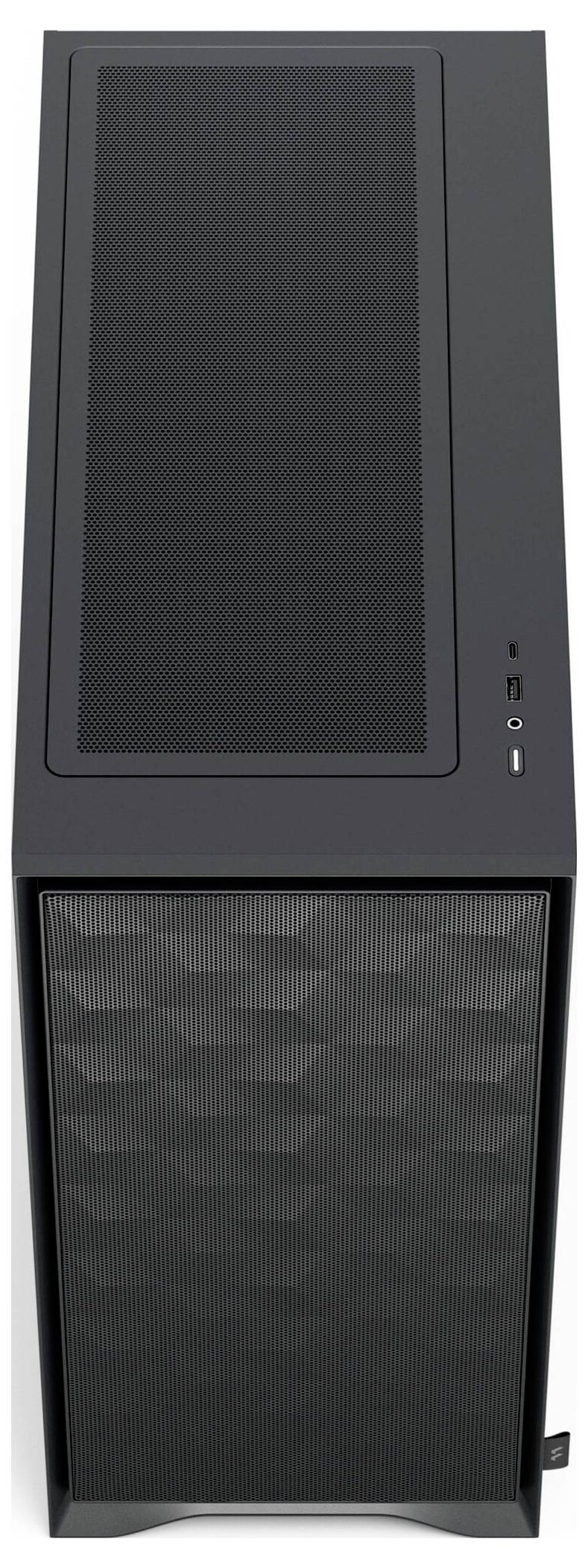 Ein schlanker, schwarzer Computer-Tower mit Mesh-Front für Belüftung und Anschlüssen oben, entworfen für Gaming oder High-Performance-Aufgaben.