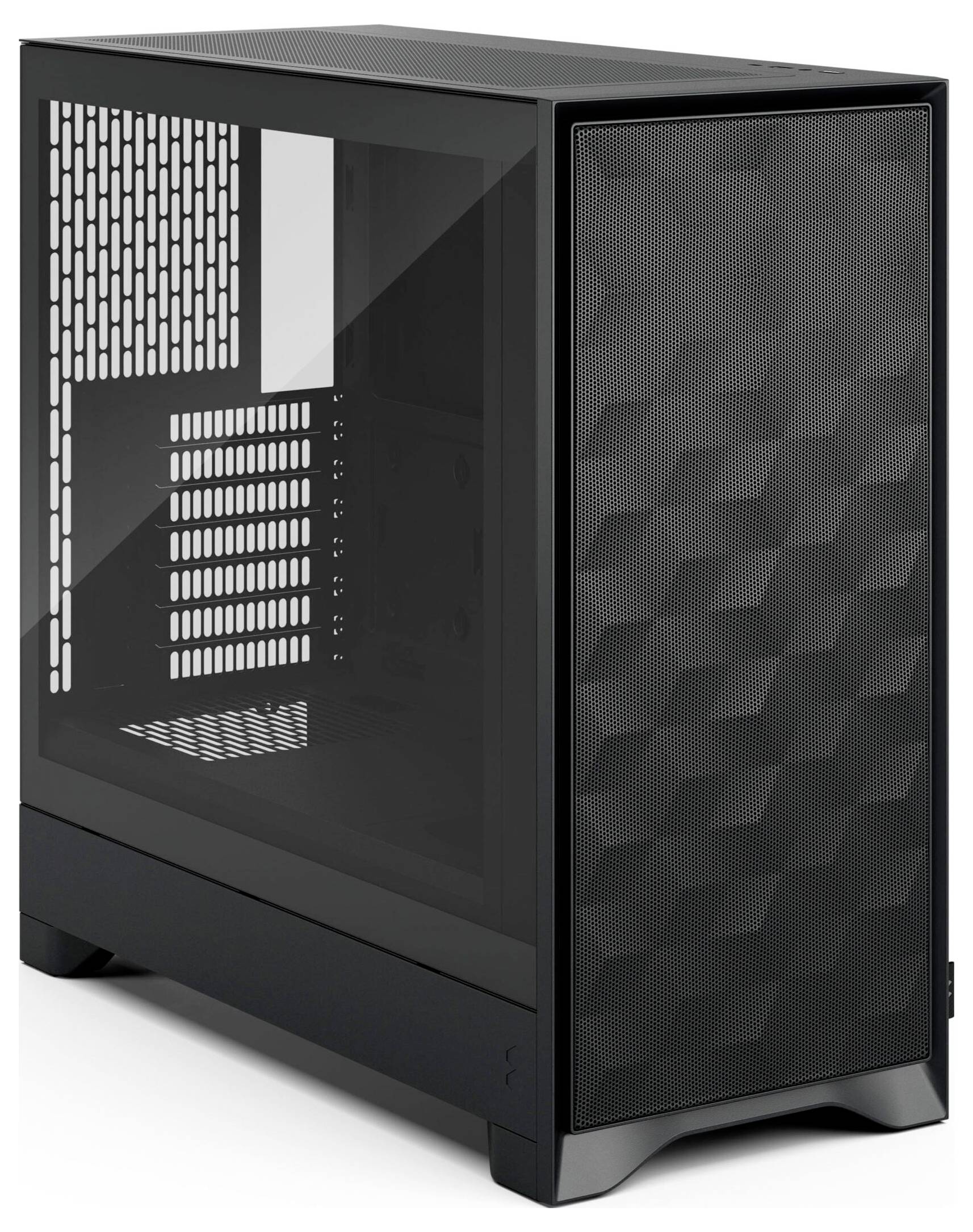 Schwarzes Computer-Gehäuse mit strukturierter Mesh-Front und transparentem Seitenpaneel, das den Innenraum für Komponenten zeigt.