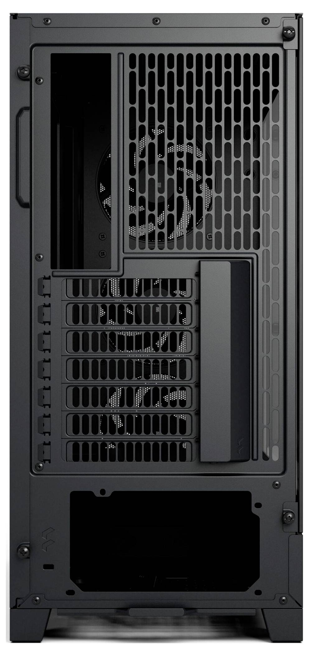 Rückansicht eines schwarzen Computergehäuses mit Lüftungsgittern, Erweiterungssteckplätzen und Platz für Anschlüsse und Stromversorgung.