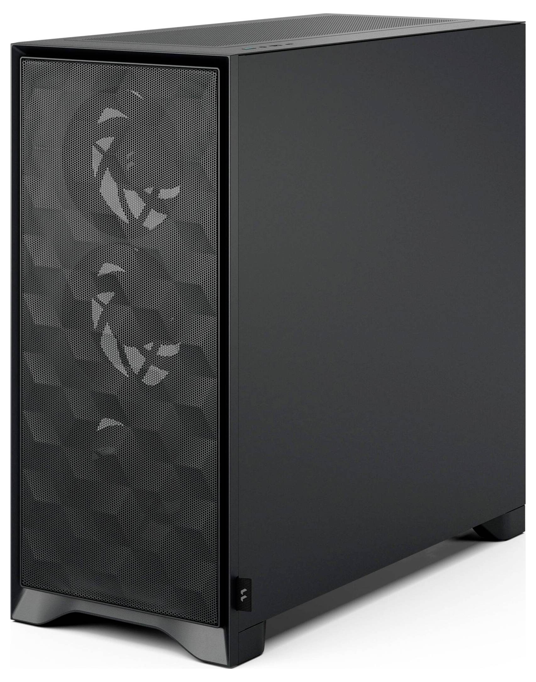 Ein schwarzes Computer-Tower-Gehäuse mit einem Mesh-Frontpanel, das die internen Lüfter sichtbar macht. Das Design ist schlank und minimalistisch.