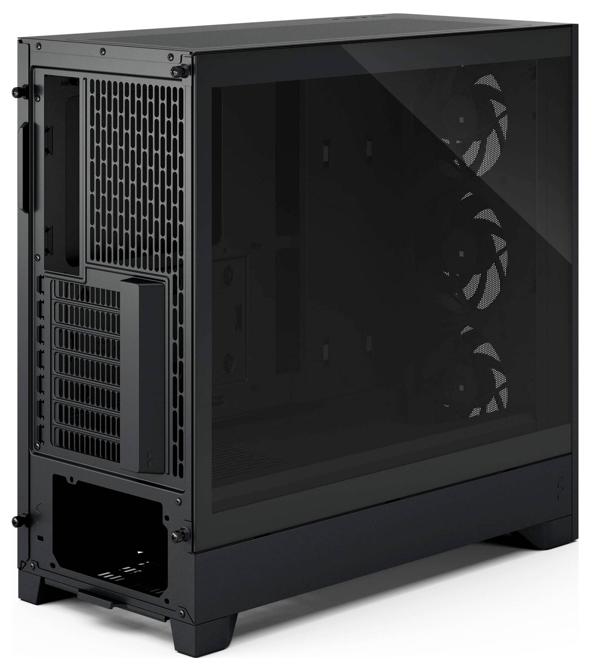 Ein schwarzes Computer-Gehäuse mit transparentem Seitenpanel, das drei interne Kühlungslüfter zeigt.