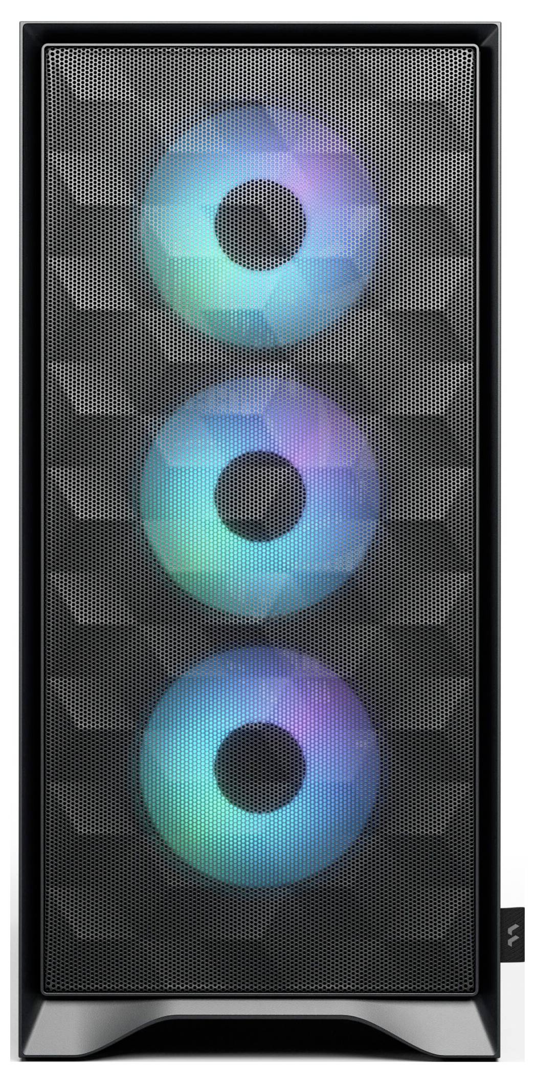 Ein schwarzes Computergehäuse mit drei sichtbaren leuchtenden Lüftern, von denen jeder mit blauen und violetten Lichtern beleuchtet ist, hinter einem Gitterfeld.