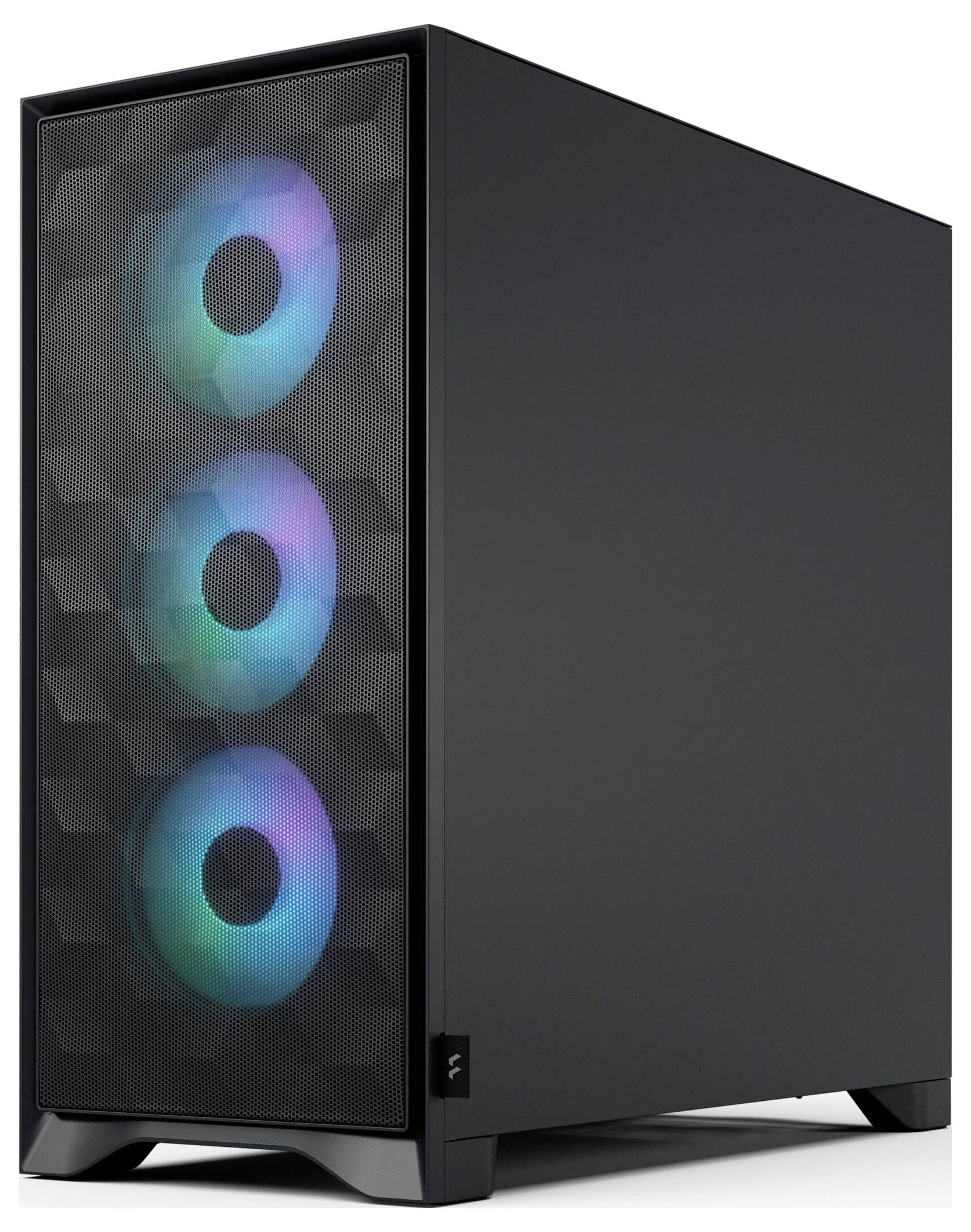 Ein schwarzer Computer-Tower mit drei farbig beleuchteten Lüftern auf der Frontplatte, was auf ein Gaming- oder Hochleistungs-Setup hindeutet.