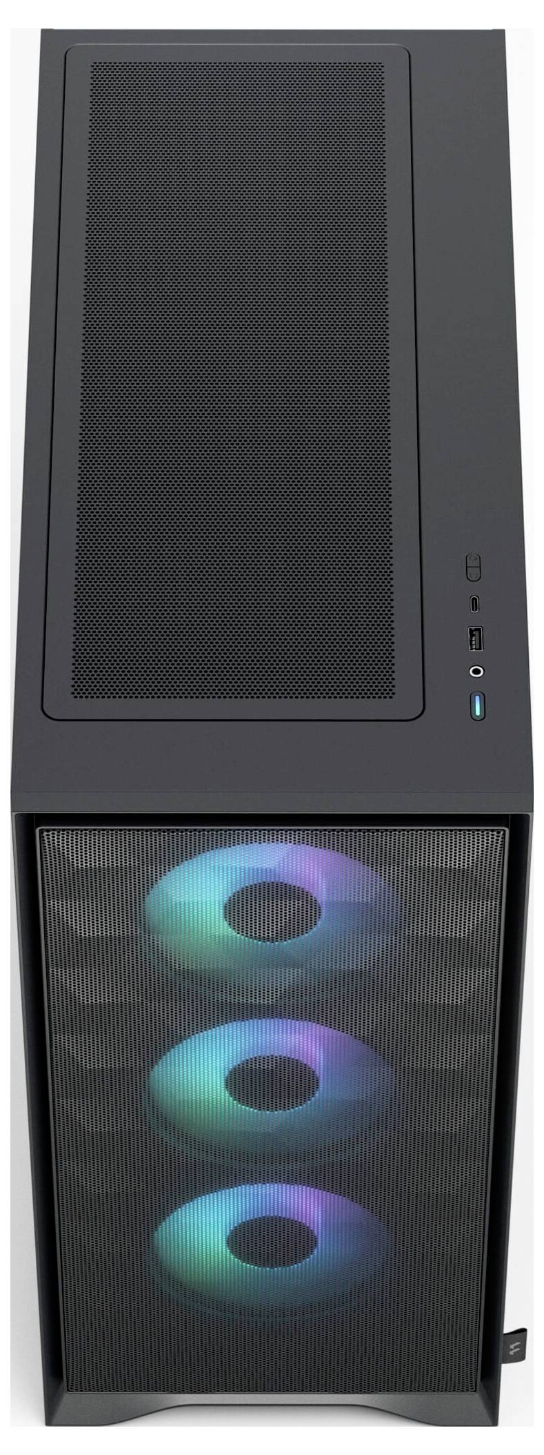 Ein schwarzer Computer-Tower mit Mesh-Oberseite und Frontblende, auf der drei interne Kühlventilatoren mit blauen und grünen LED-Lichtern beleuchtet sind.