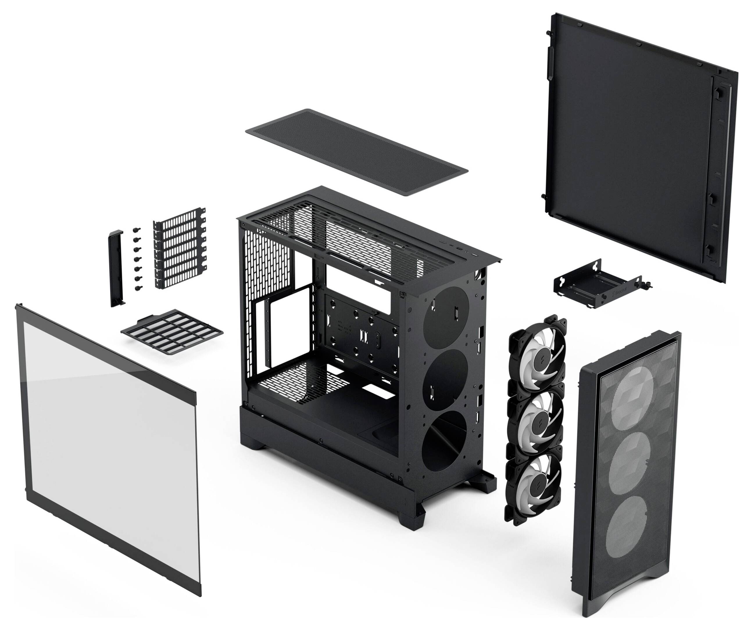 Explodierte Ansicht eines schwarzen Computergehäuses mit verschiedenen Panels, Lüfterschächten und modular angeordneten Komponenten für bessere Übersichtlichkeit.
