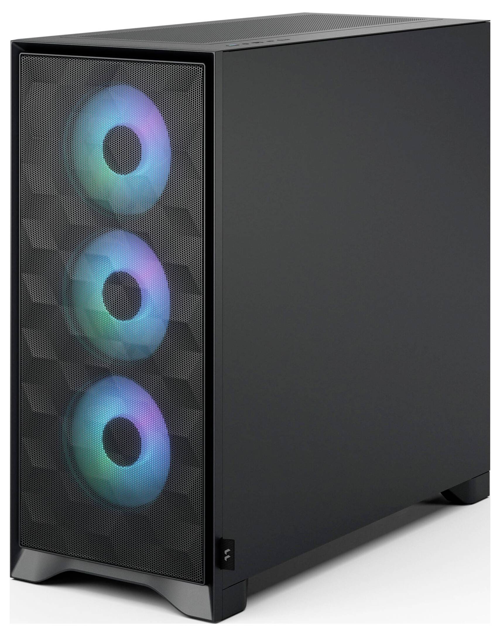 Ein weißes Computergehäuseinneres mit Platz für das Motherboard und andere Komponenten, mit vier LED-beleuchteten Kühlern, die vorne auf der rechten Seite montiert sind.