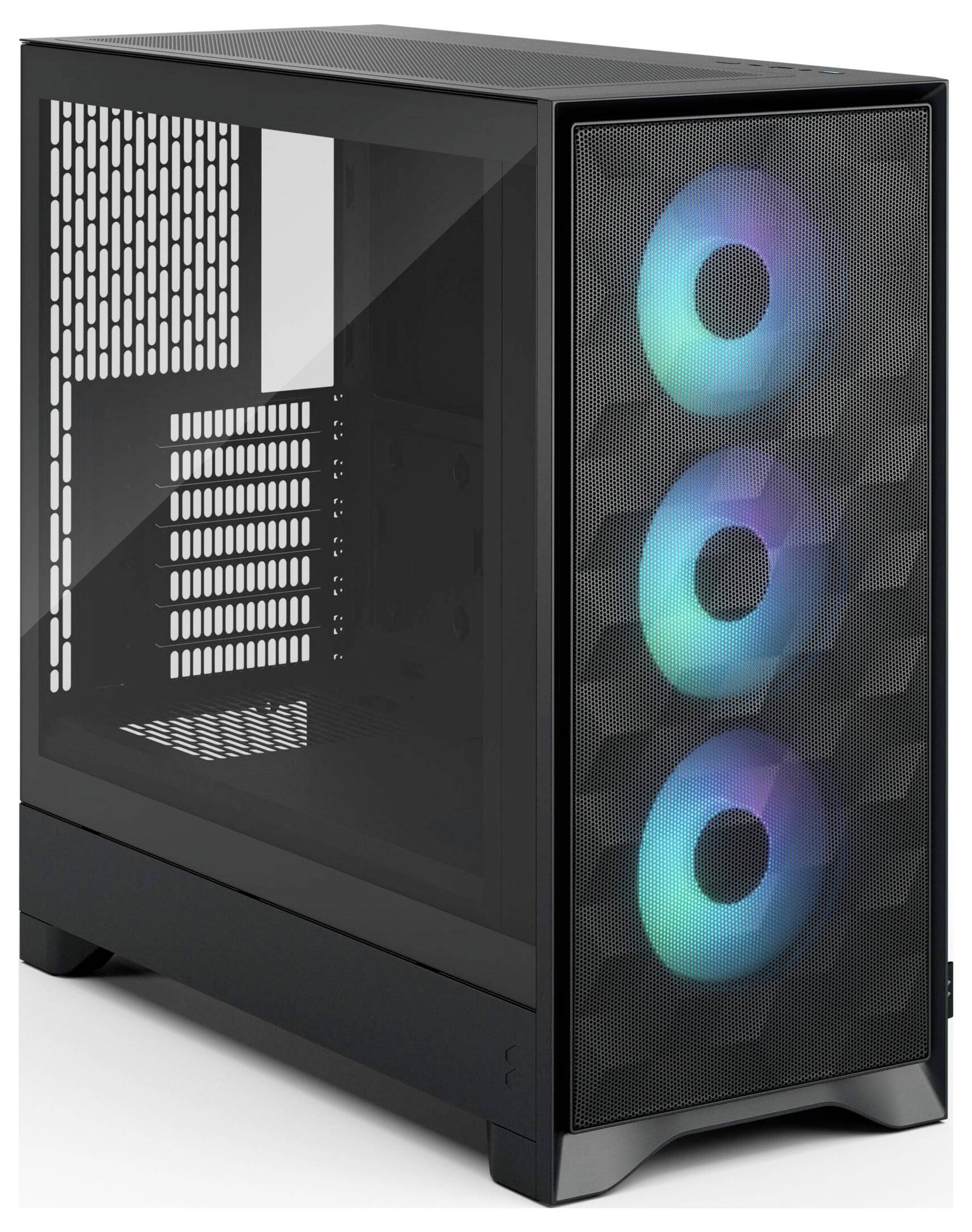 Ein schwarzes Computergehäuse mit einem transparenten Seitenpaneel verfügt über drei kreisförmige RGB-Lüfter an der Vorderseite, die blaues und grünes Licht abstrahlen.