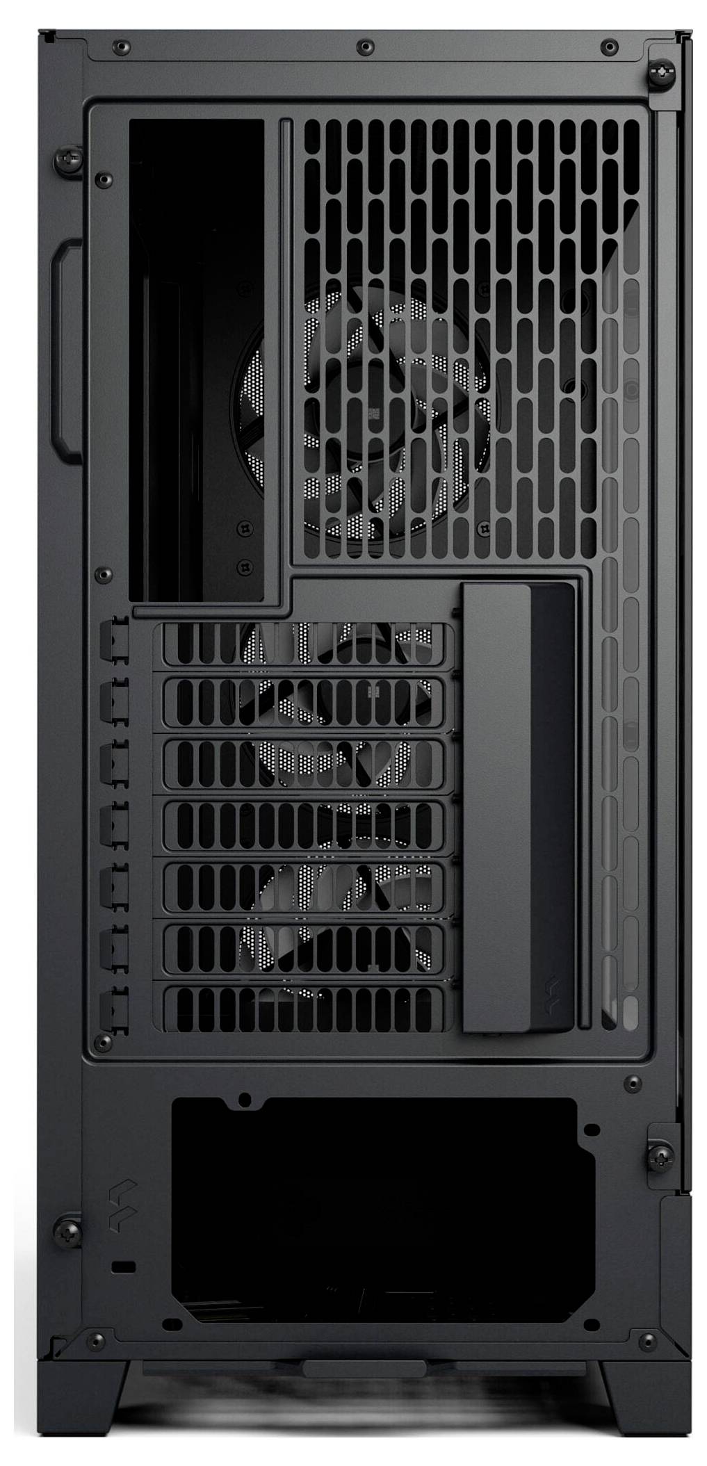 Das Bild zeigt die Rückansicht eines Computer-Tower-Gehäuses mit Lüftern, Erweiterungssteckplätzen und Belüftungsgittern, die für die Kühlung unerlässlich sind.