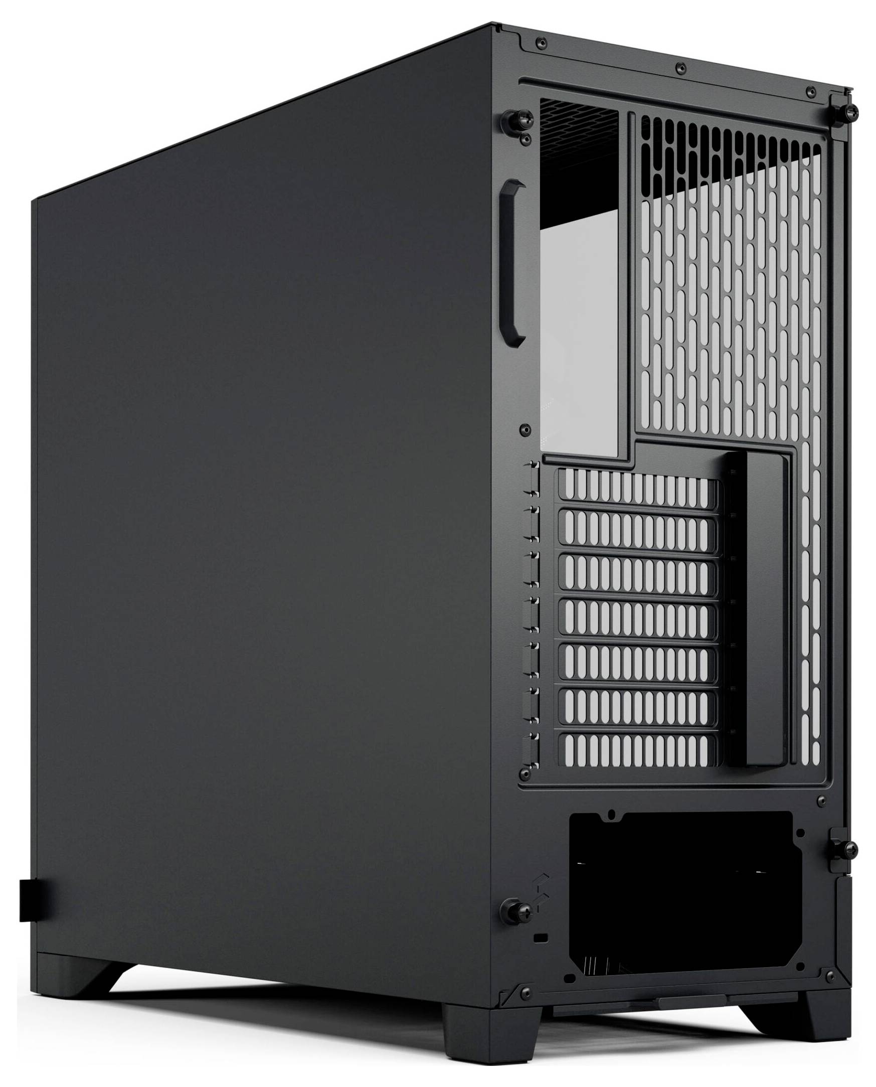 Schwarzes Computergehäuse mit belüftetem Rückpanel, mehreren Erweiterungssteckplätzen und Stromversorgungsöffnung am Boden.