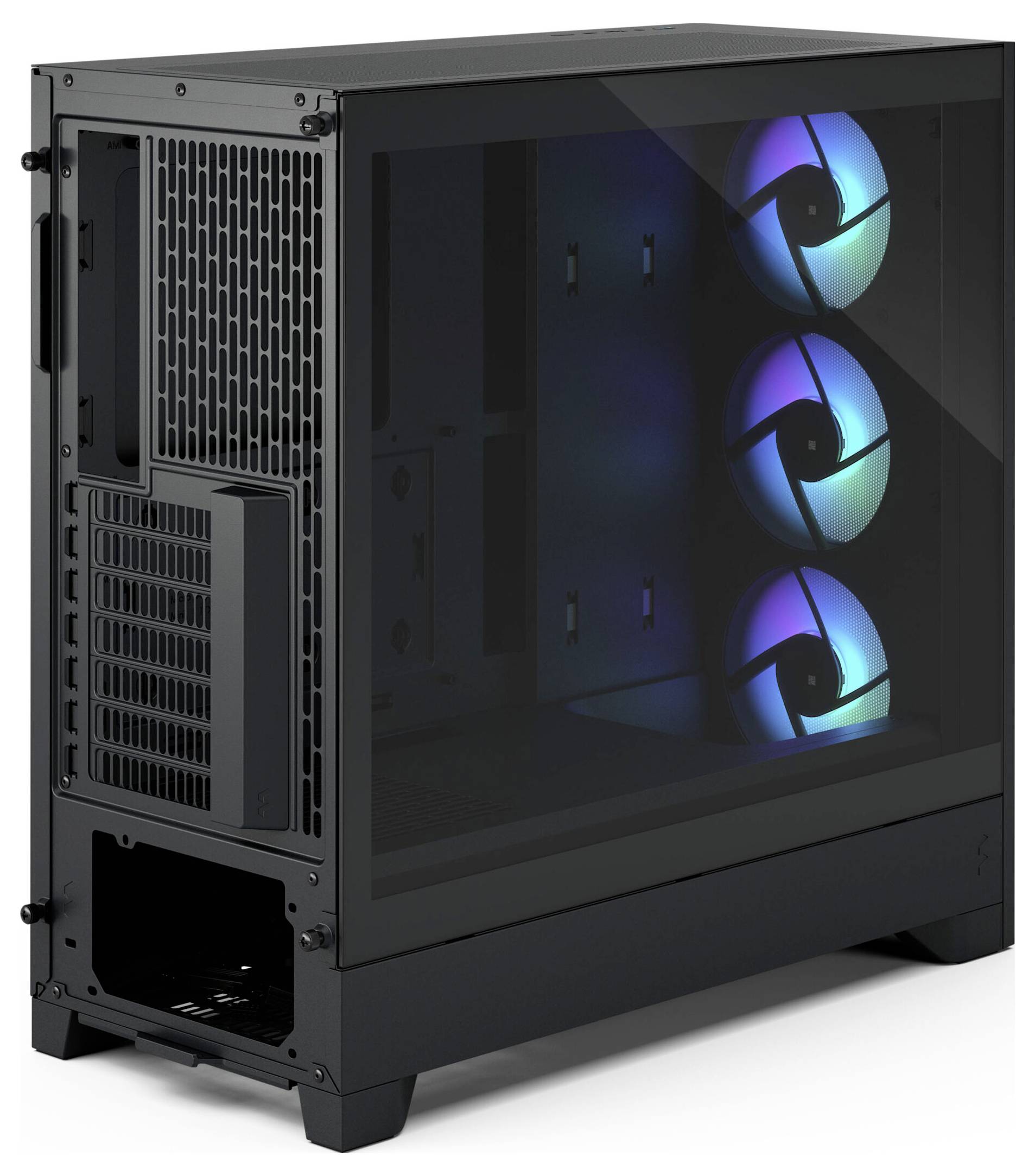 Ein schwarzes Computergehäuse mit einem transparenten Seitenpanel, das drei farbige, beleuchtete Lüfter im Inneren zeigt und das Potenzial von Gaming-Hardware präsentiert.