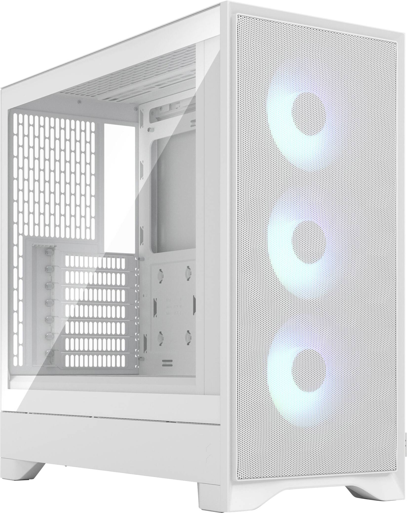Weißes Computergehäuse mit transparenter Seitenwand, ausgestattet mit drei beleuchteten vorderen Kühlungslüftern mit blauem Glimmer.