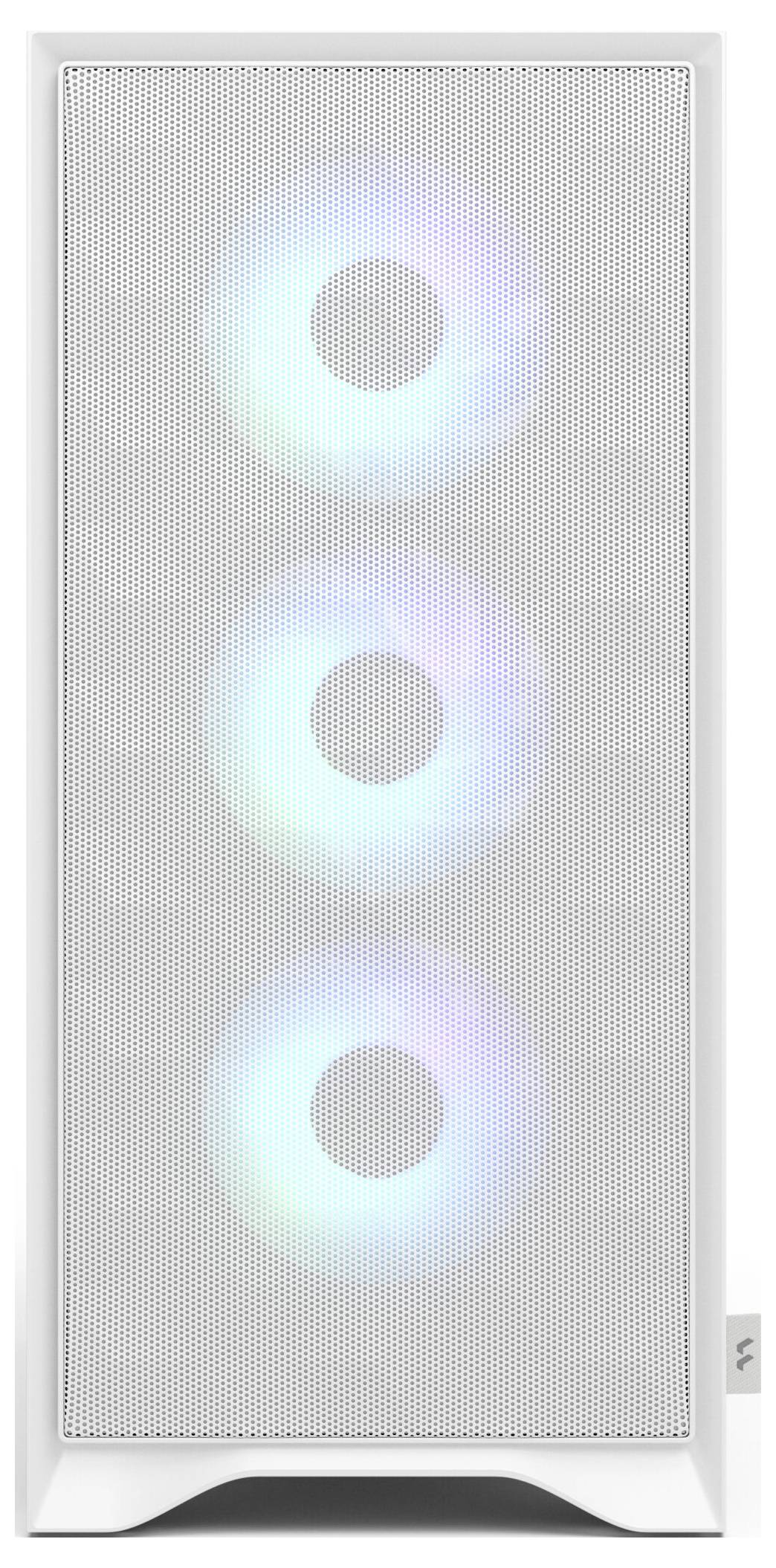 Ein schwarzer Computer-Tower mit einer Glasseitenwand zeigt drei innere Lüfter, die in Blau und Lila leuchten und auf Kühlungsfunktionen hindeuten.