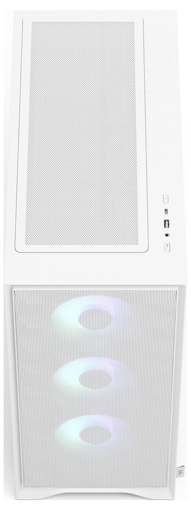 Ein weißer Computer-Tower mit einem Mesh-Frontpanel zeigt drei leuchtende RGB-Lüfter.