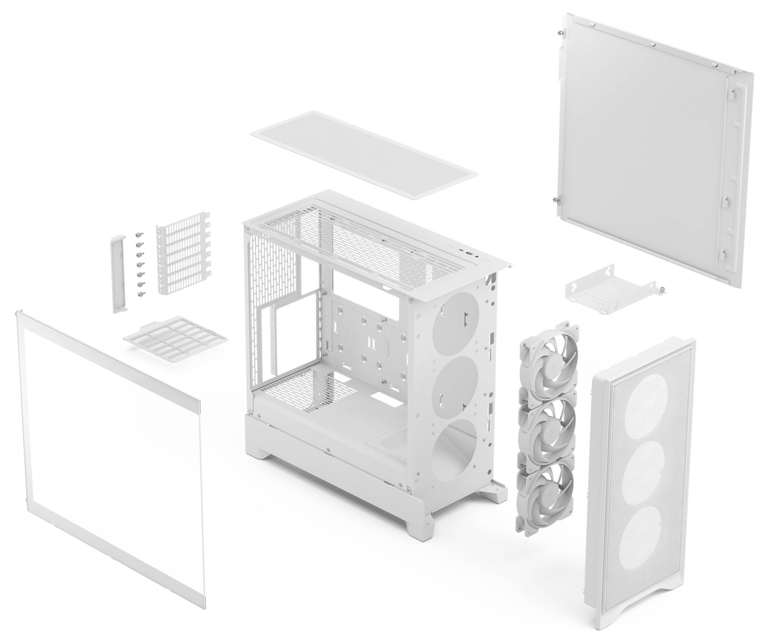 Explodierte Ansicht eines Computergehäuses mit allen Paneelen, Lüftern und Komponenten separiert, die sein modulares Design für einfache Montage hervorhebt.