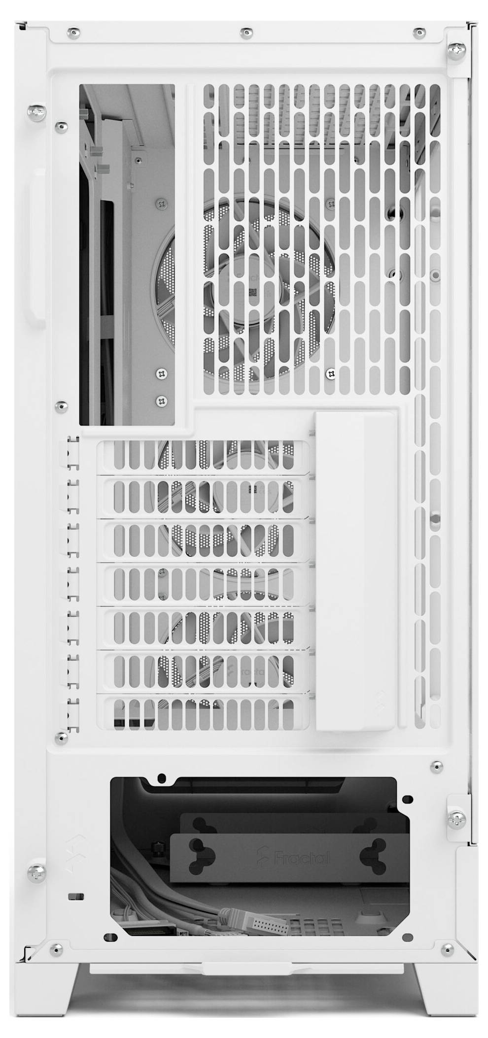 Rückansicht des Tower-Computergehäuses mit Belüftungsgittern, mehreren Steckplätzen für Erweiterungskarten und Positionen für Netzteil und Lüfter.